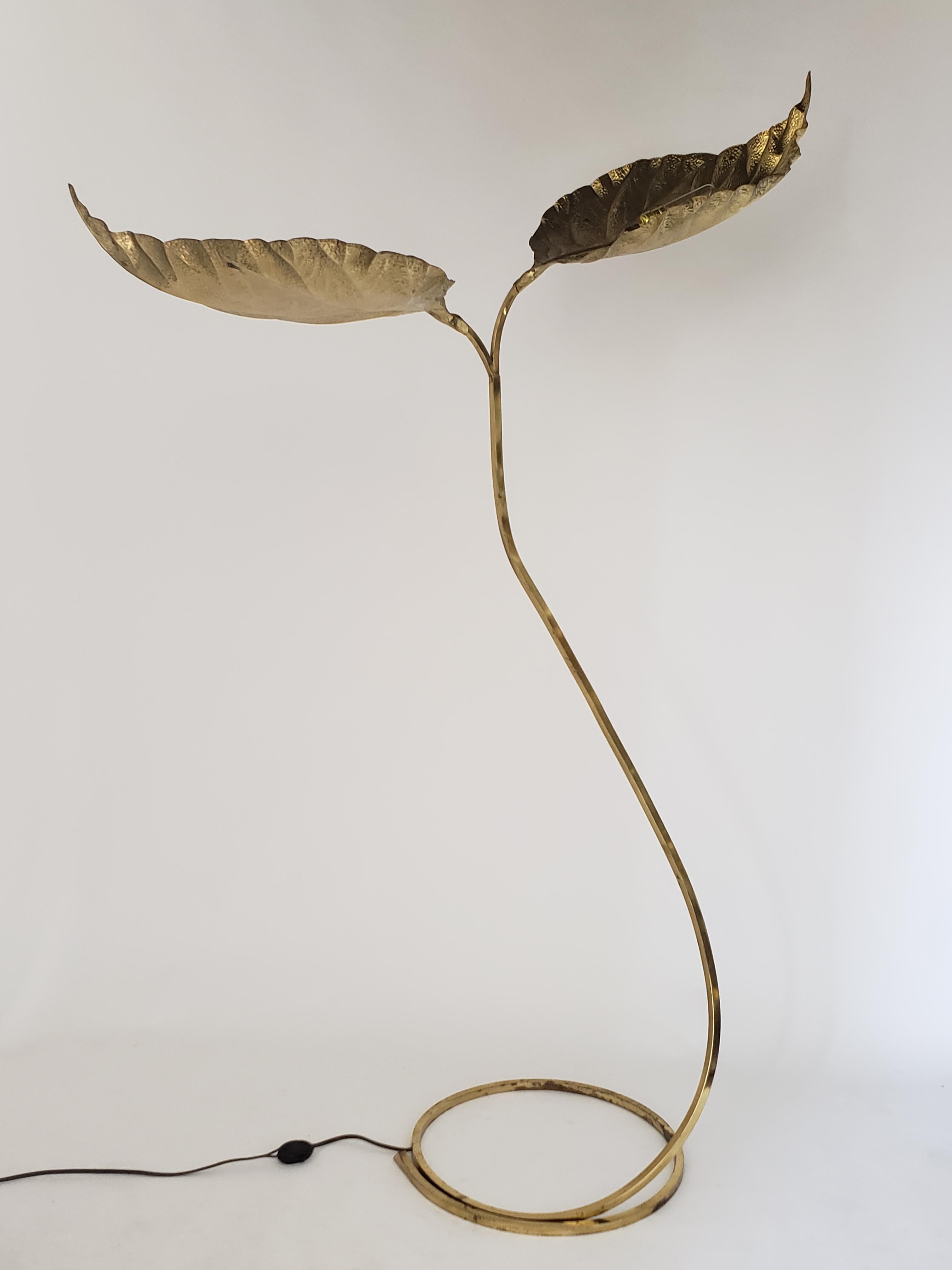 Bold, huge size sculptural rhubarb brass leaves floor lamp by Tommaso Barbi. 

Base and stem are made of brass as well. 

Use 2 E26 size socket rated at 60 watt each.

Socket are attach to a pivot system that permit to Fine tune bulb