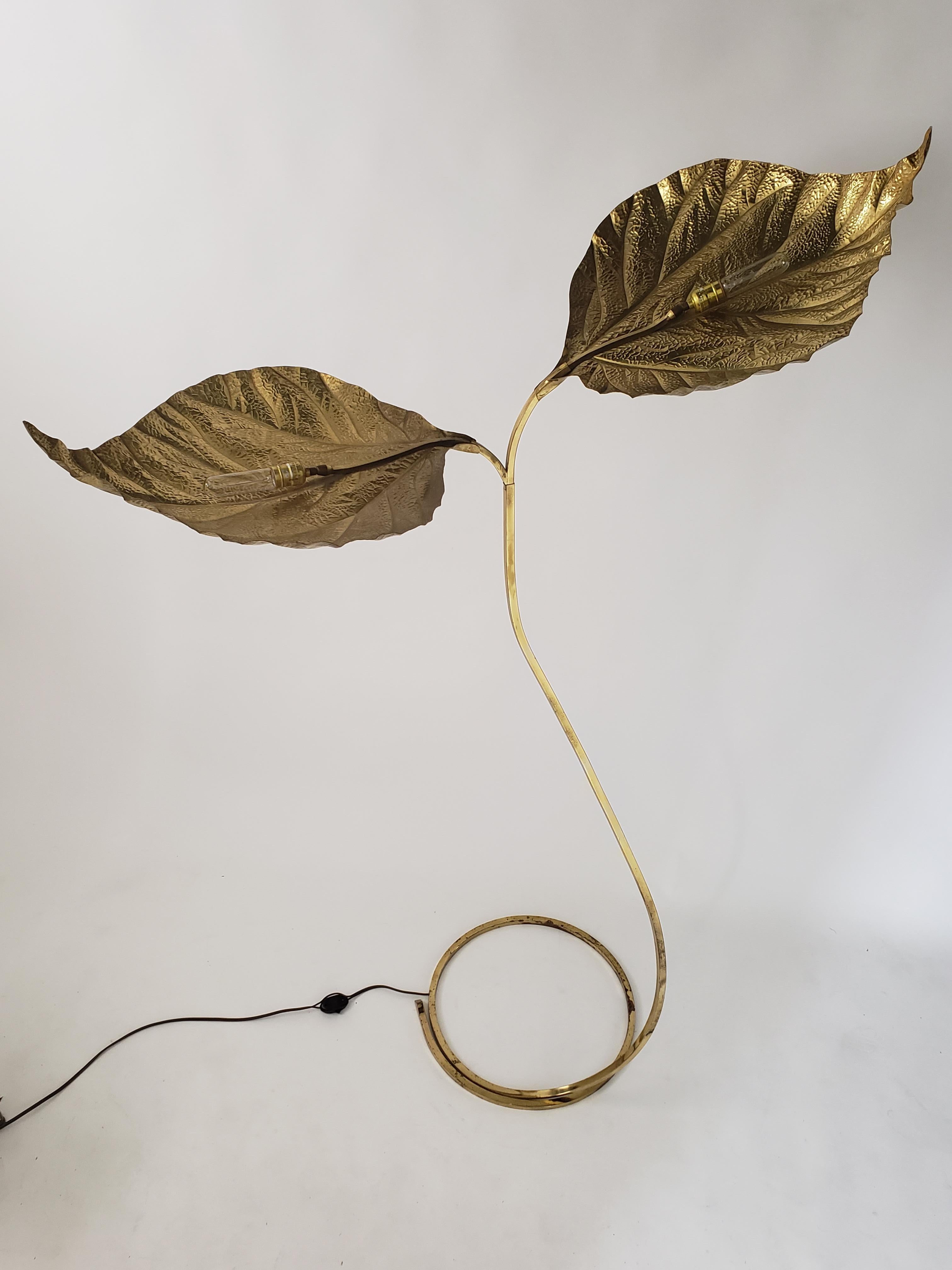 Mid-Century Modern 1970s Tommaso Barbi 'Rhubarb' Twin Brass Leaves Floor Lamp, Italy