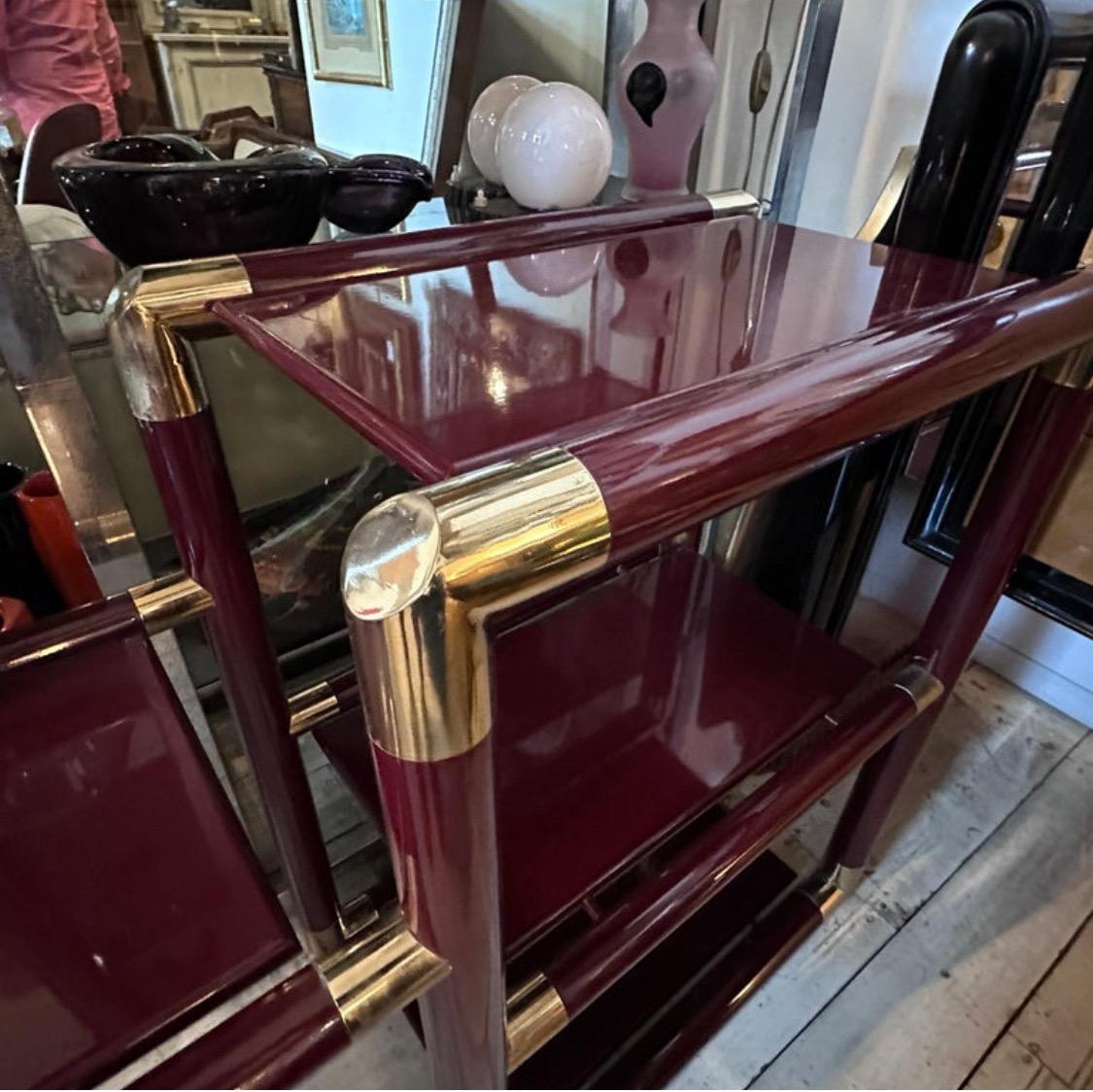 Mid-Century Modern 1970s Tommaso Barbi Style Brass and Burgundy Lacquered Wood Huge Italian Console For Sale