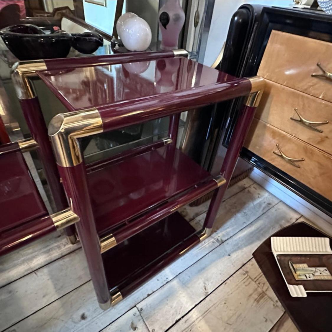 1970s Tommaso Barbi Style Brass and Burgundy Lacquered Wood Huge Italian Console For Sale 1