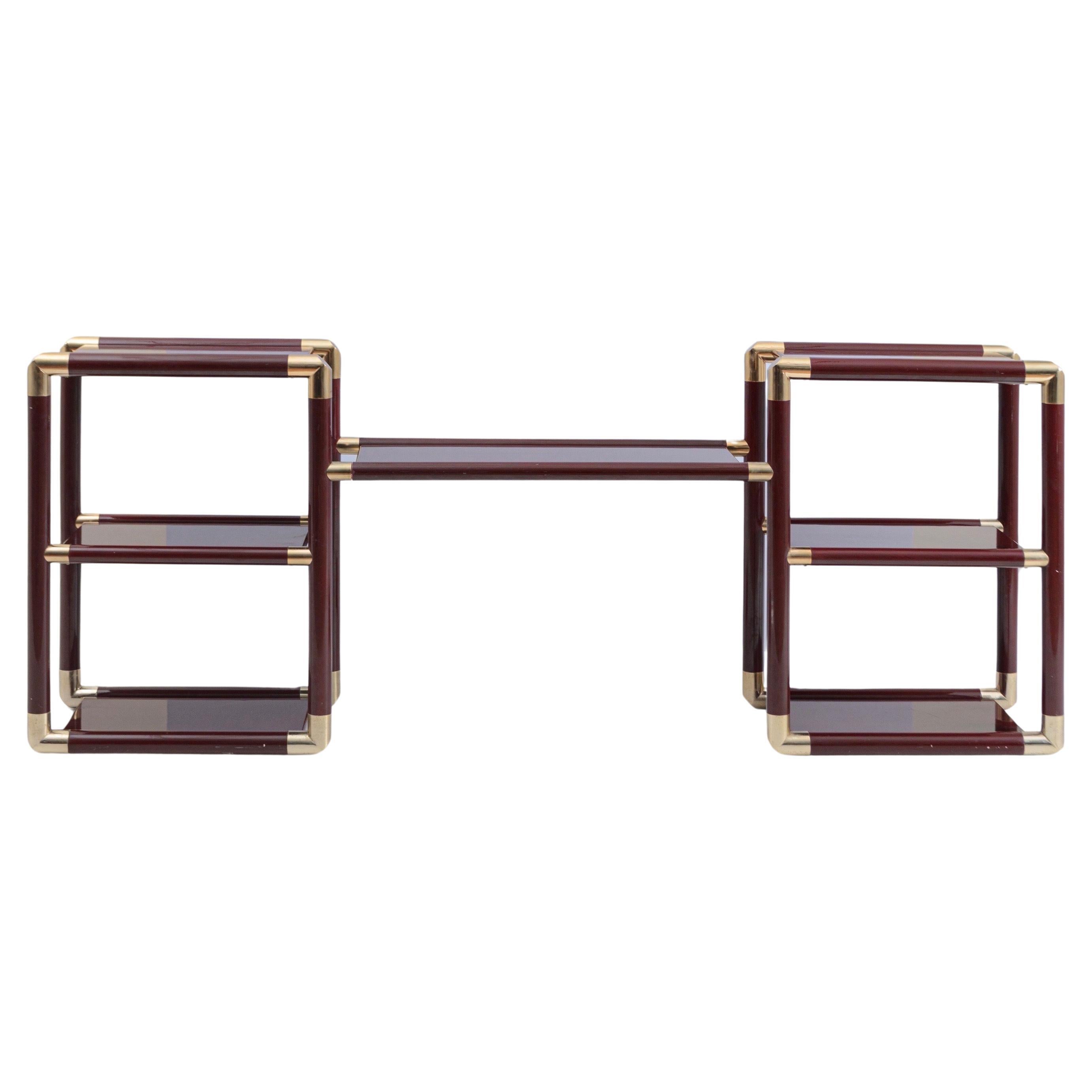 1970s Tommaso Barbi Style Brass and Burgundy Lacquered Wood Huge Italian Console For Sale