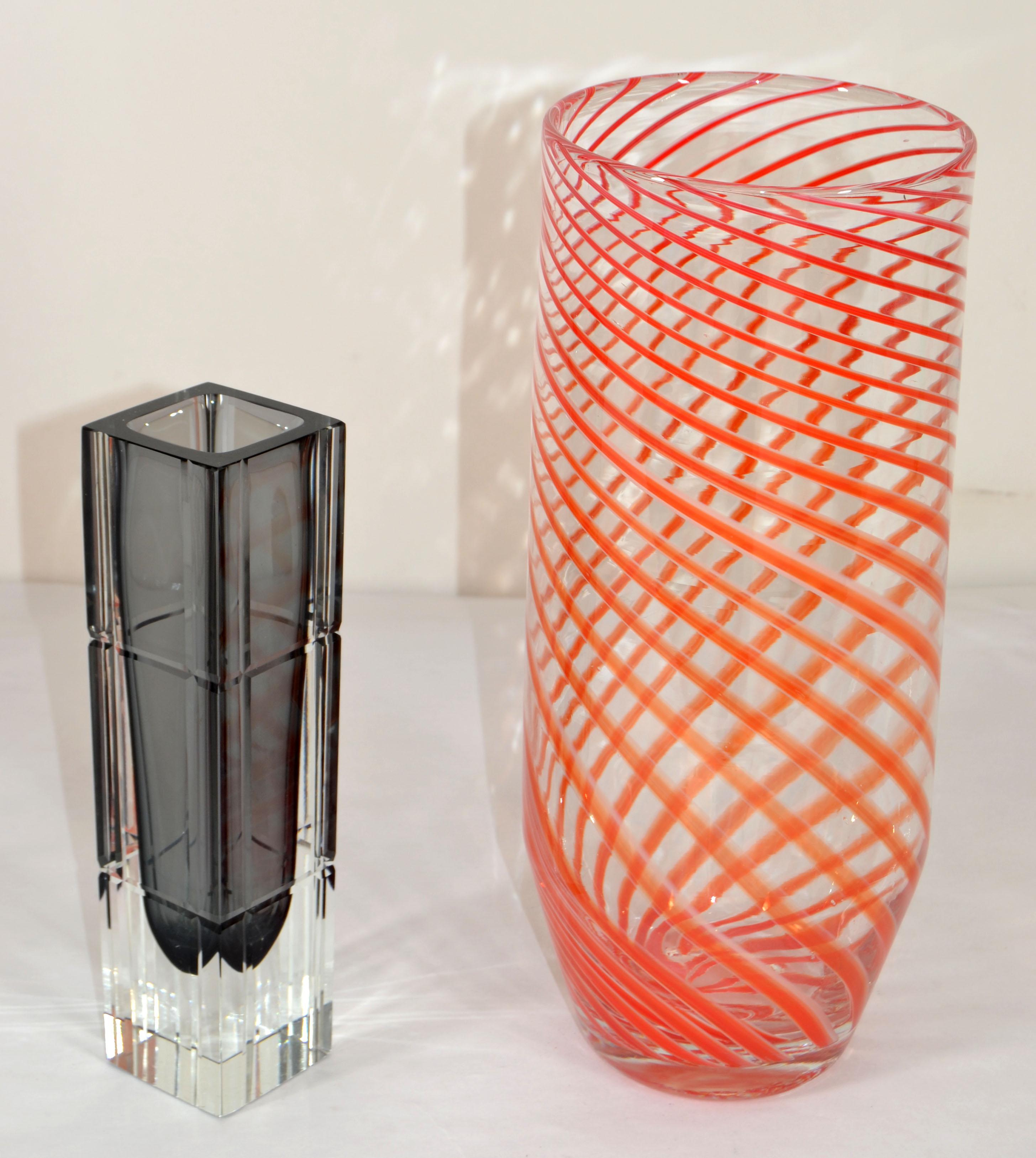 Murano Glass 1970s Tommaso Barbi Style Italian Murano Clear, Red Decorative Huge Vase, Vessel For Sale