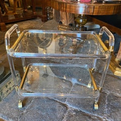 1970s Tommaso Barbi Style Mid-Century Modern Lucite and Brass Italian Bar Cart