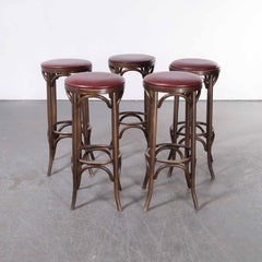 1970s Ton Bentwood Upholstered High Barstools, Set of Four