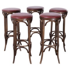 Used 1970s Ton Bentwood Upholstered High Barstools, Set of Four