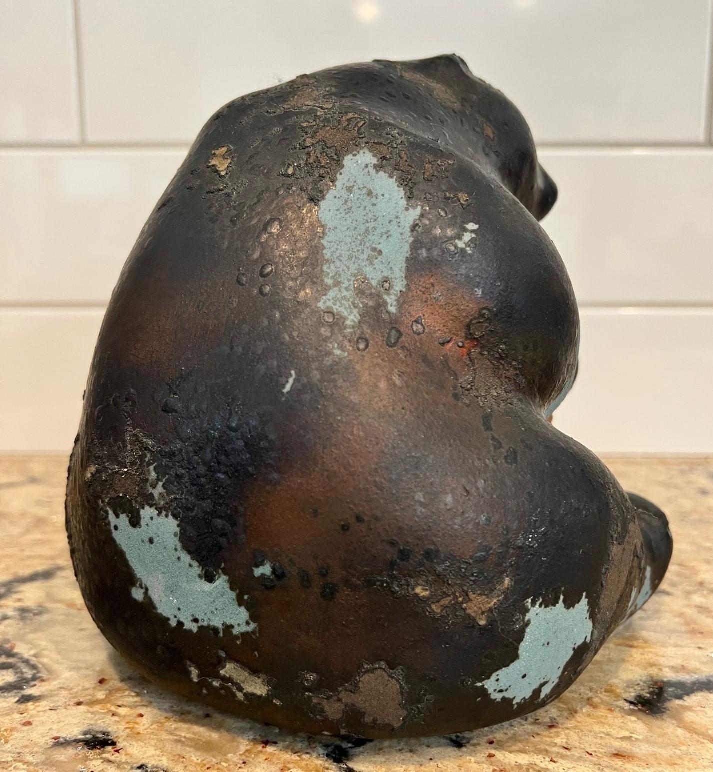American 1970s Tony Evans Raku Pottery Signed & Numbered Bear with a Copper Fish