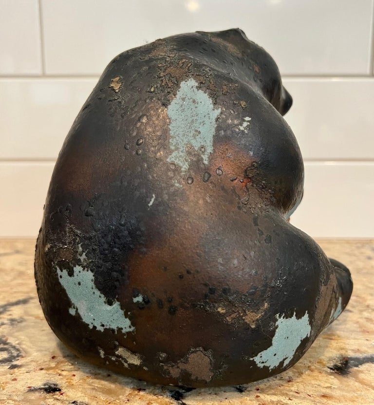 American 1970s Tony Evans Raku Pottery Signed & Numbered Bear with a Copper Fish For Sale