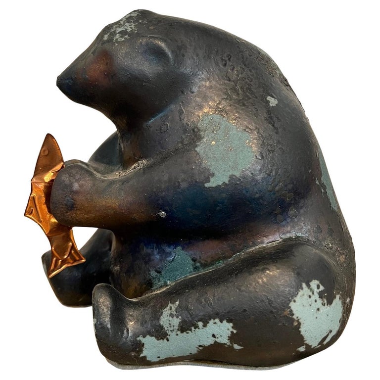 1970s Tony Evans Raku Pottery Signed & Numbered Bear with a Copper Fish For Sale