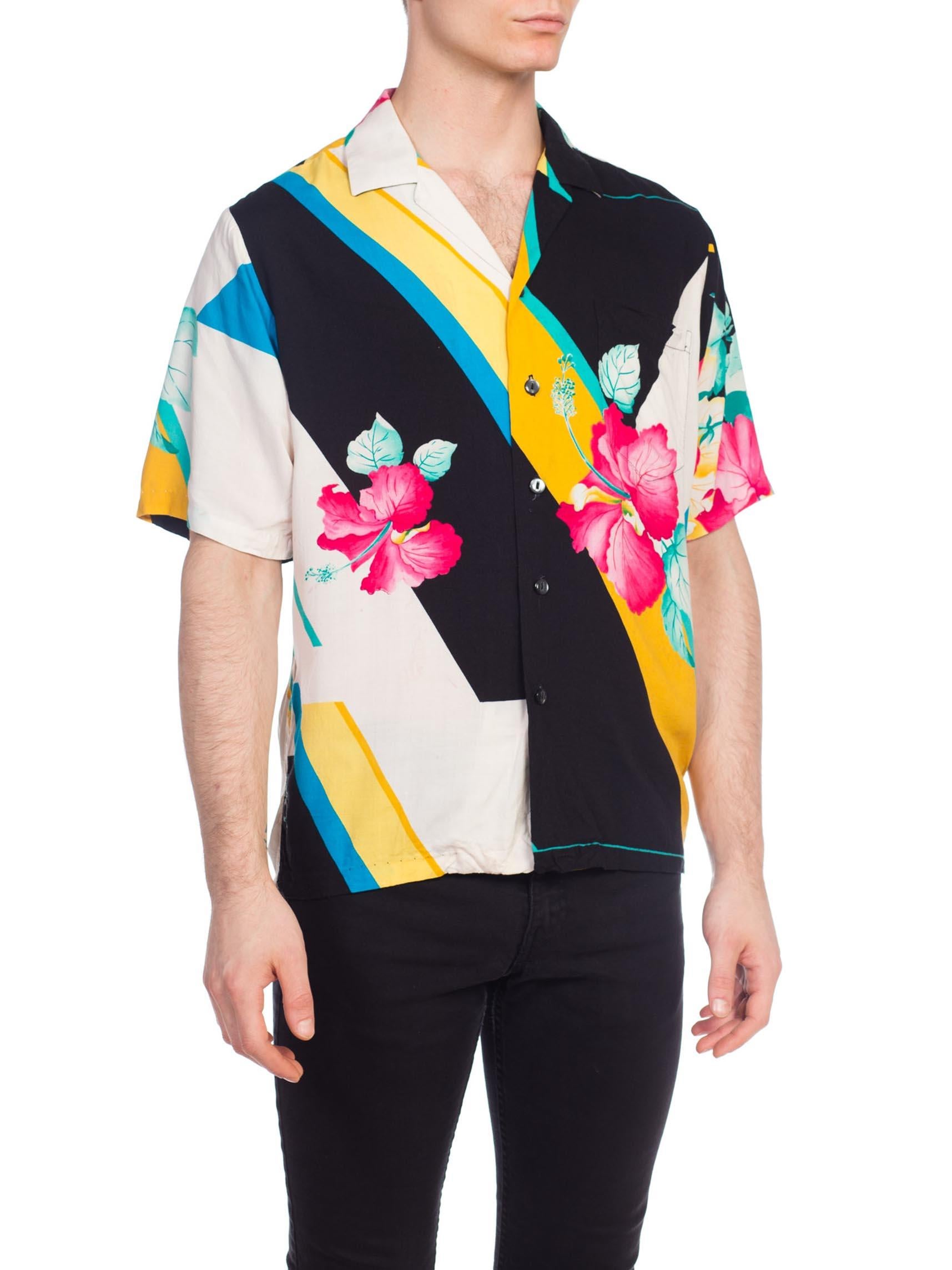 Shows some wear and age 1970S Black & White Rayon Men's Tony Montana Style Hawaiian Shirt