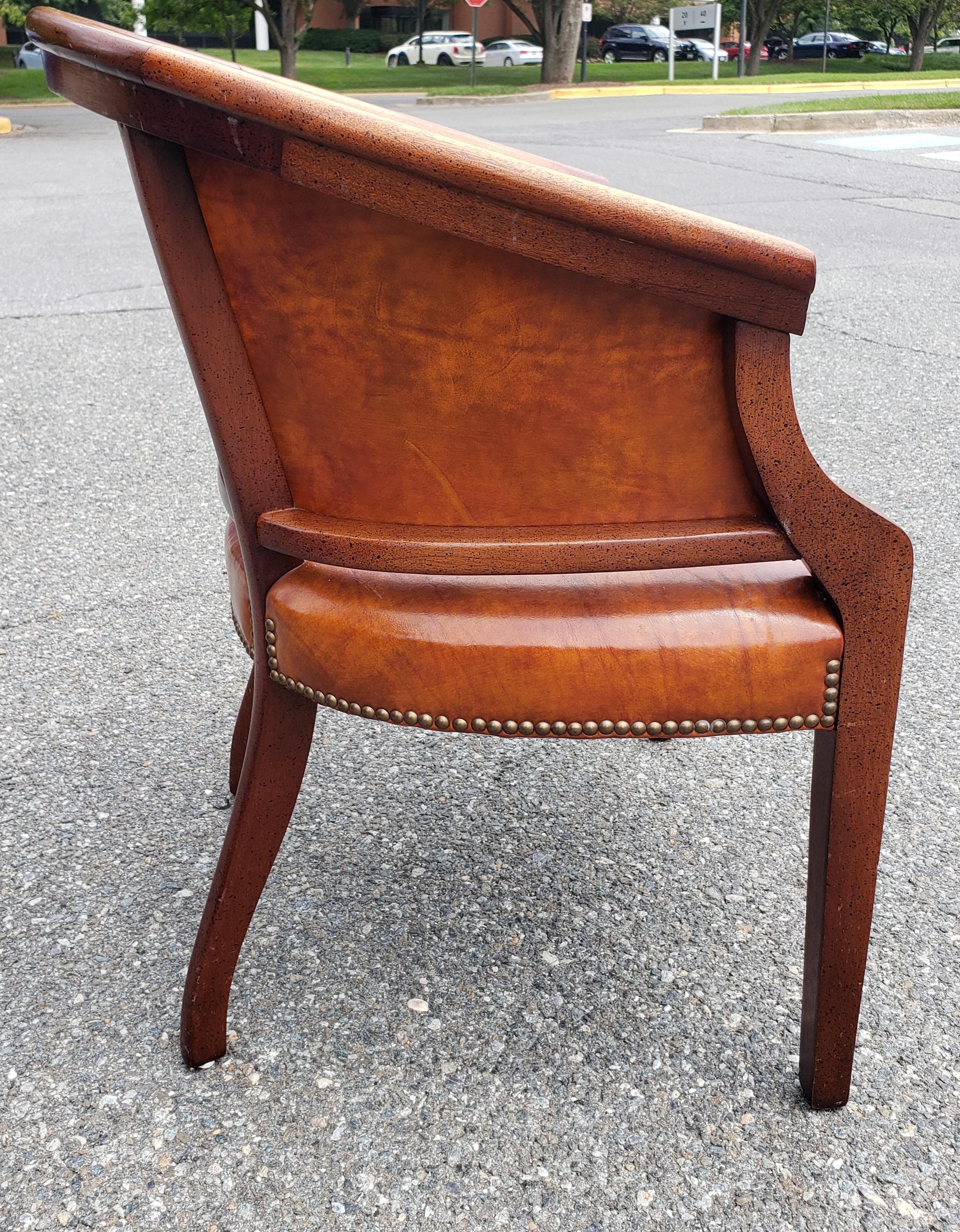 American 1970s Top Grain Leather Barrel Back with NailHeads Trims Desk Chair by Classic