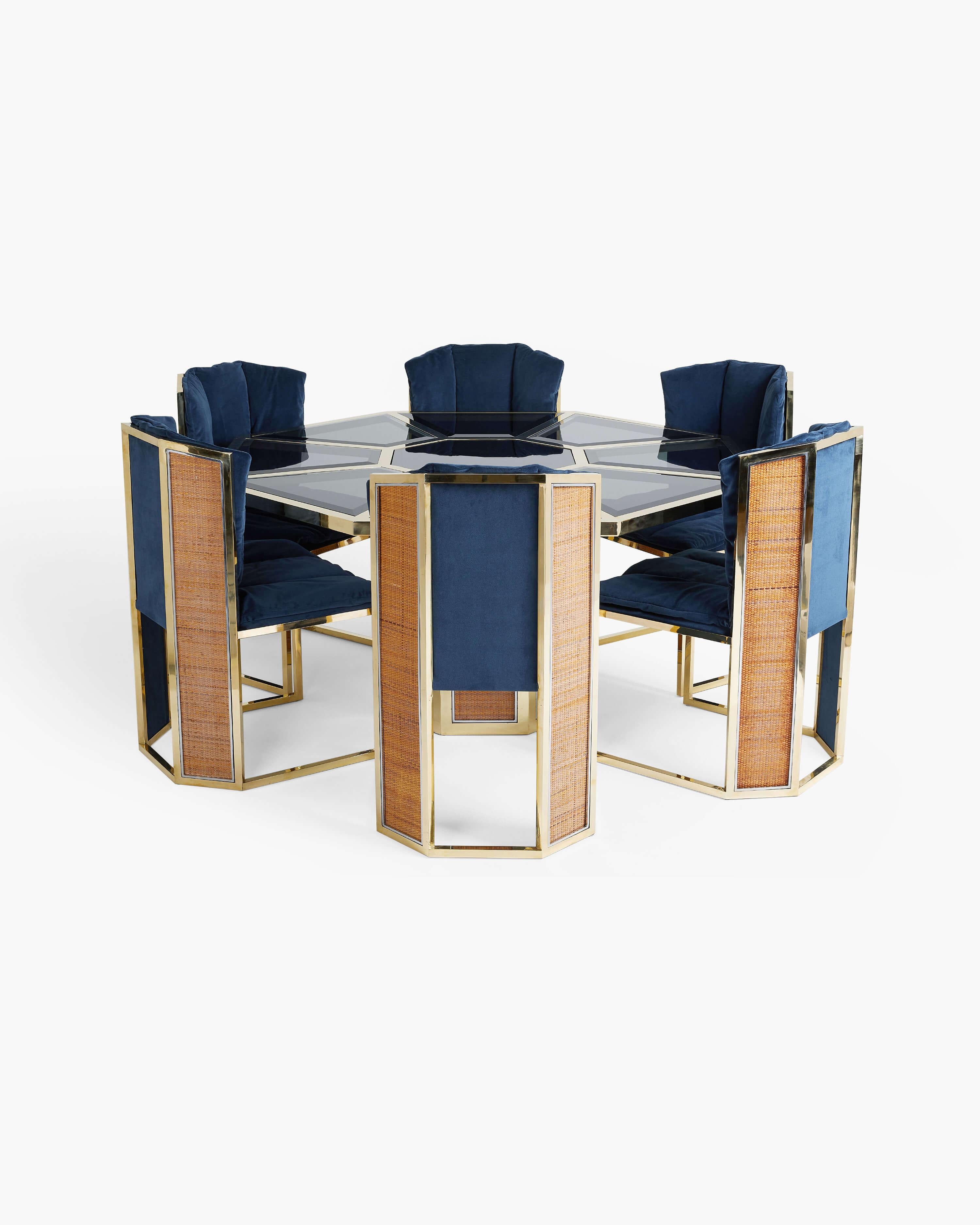 This Topazio Dining set for Mario Sabot combines the eclecticism of the Hollywood Regency design style and the opulence of Art Deco, with sumptuous textures and clean lines. In quintessential Rega-style, this octagonal dining table is built with a