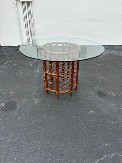 1970s Tortoise Circular Round Rattan Glass Dining Pedestal Table