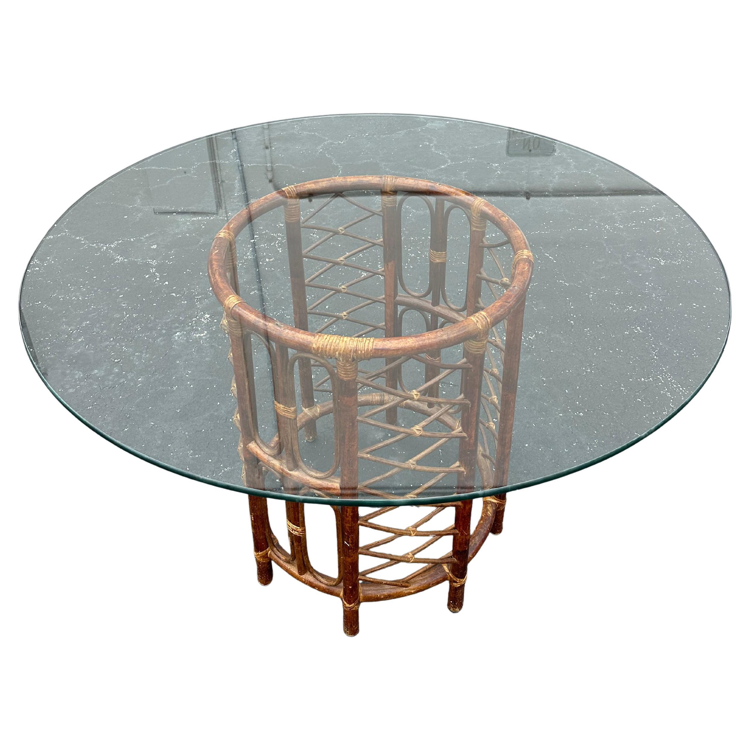 1970s Tortoise Circular Round Rattan Glass Dining Pedestal Table For Sale