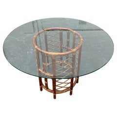 1970s Tortoise Circular Round Rattan Glass Dining Pedestal Table