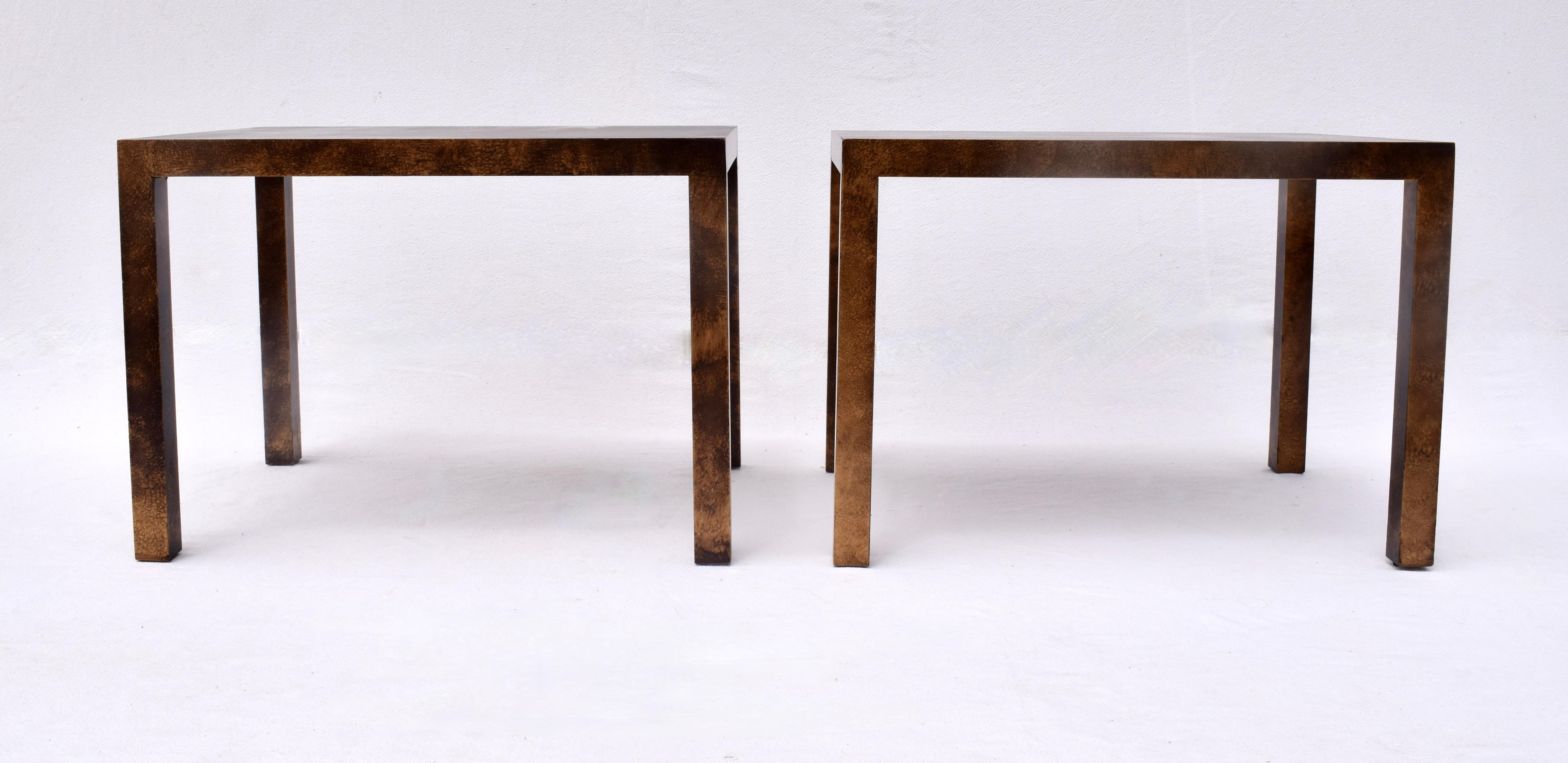 A matching pair of solid wood Parsons Tables w/ Tortoise Shell Finish by Lane Furniture Co. in the manner or Milo Baughman designs. Custom glass tops are included. The tables boast simple lithe lines and chic transitional style, suitable for use in