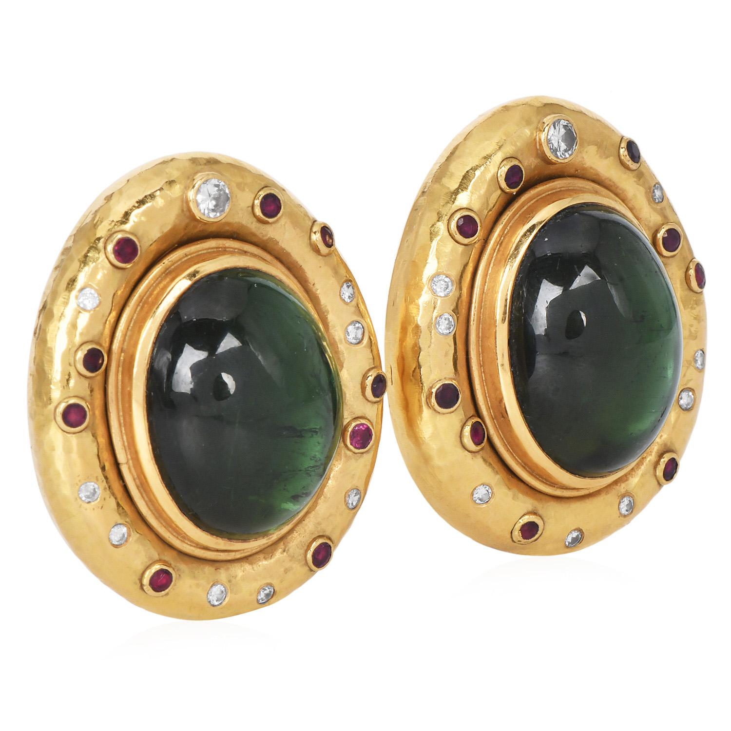 Modern 1970S Peridot 18K Gold Cabochon Textured Statement Earrings For Sale