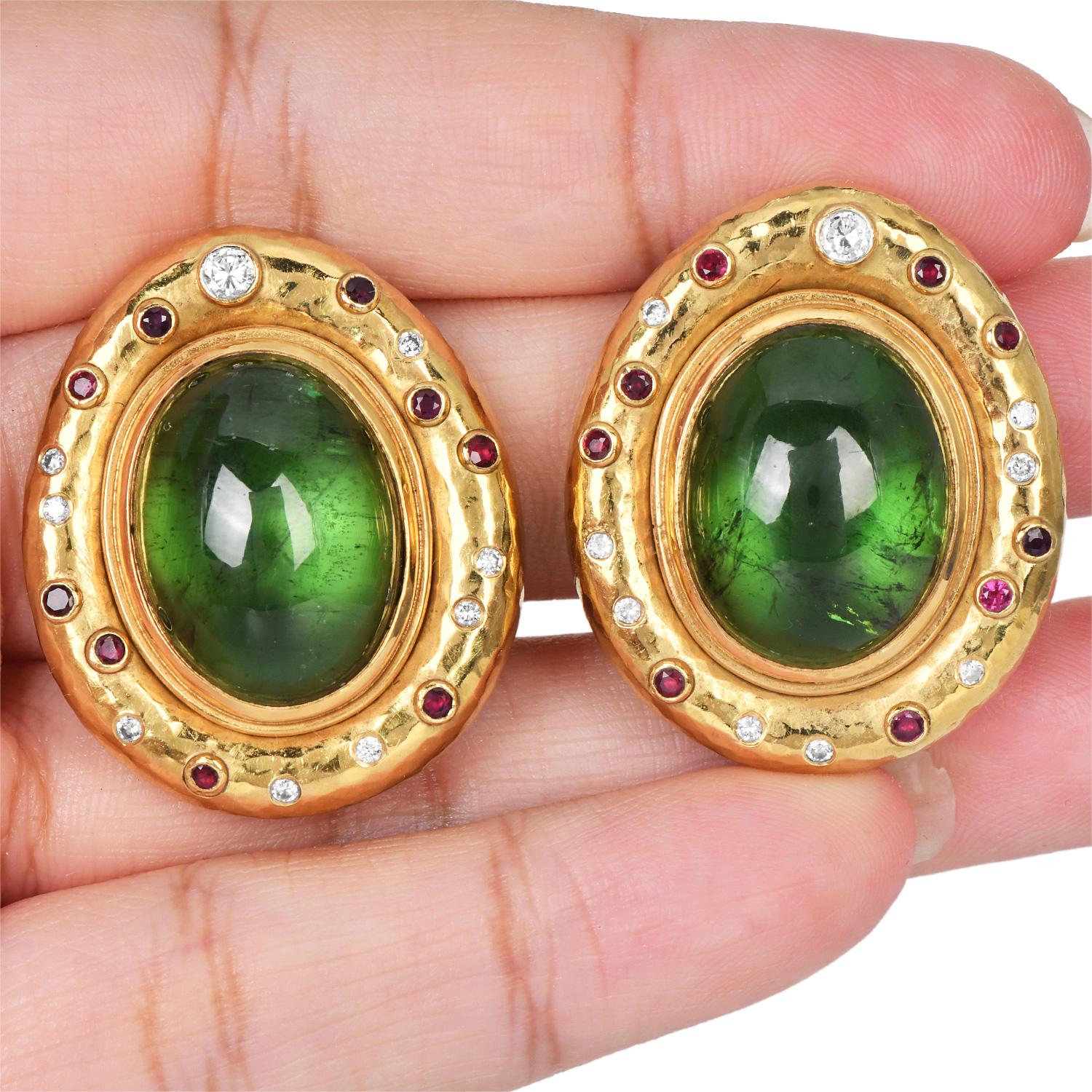 Women's 1970S Peridot 18K Gold Cabochon Textured Statement Earrings For Sale
