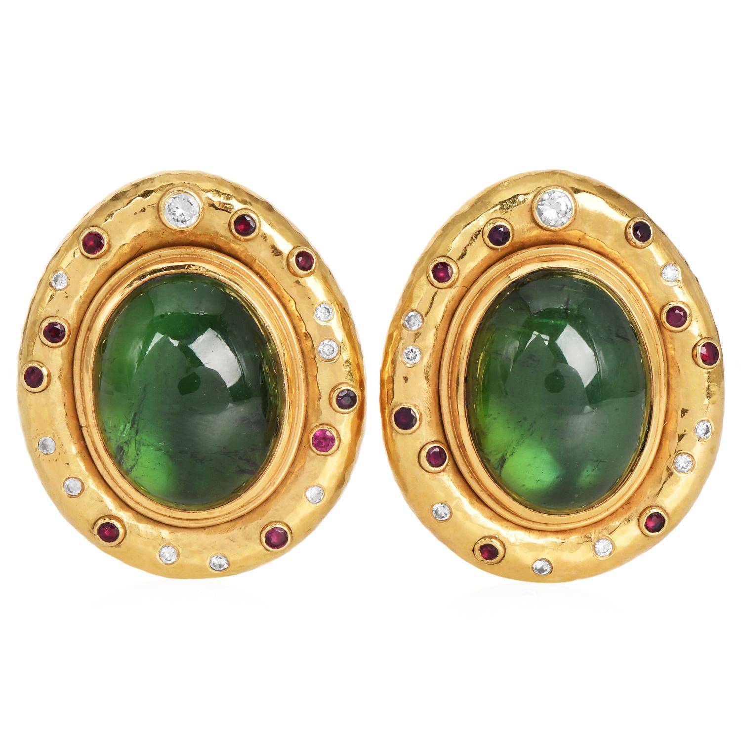 1970S Peridot 18K Gold Cabochon Textured Statement Earrings For Sale
