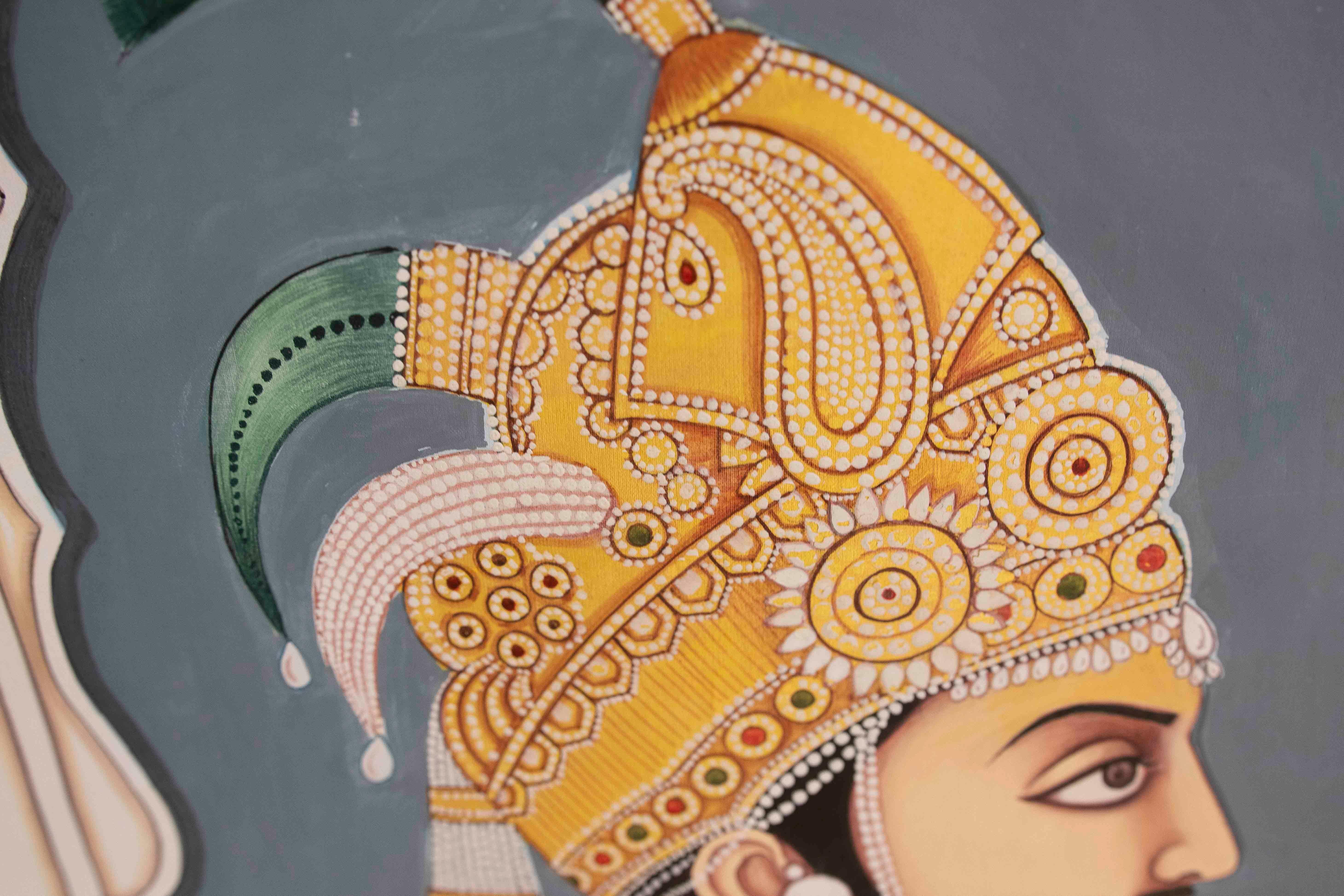 Pintura tradicional india de los años 70 en estilo miniatura rajastaní con un noble en venta 5
