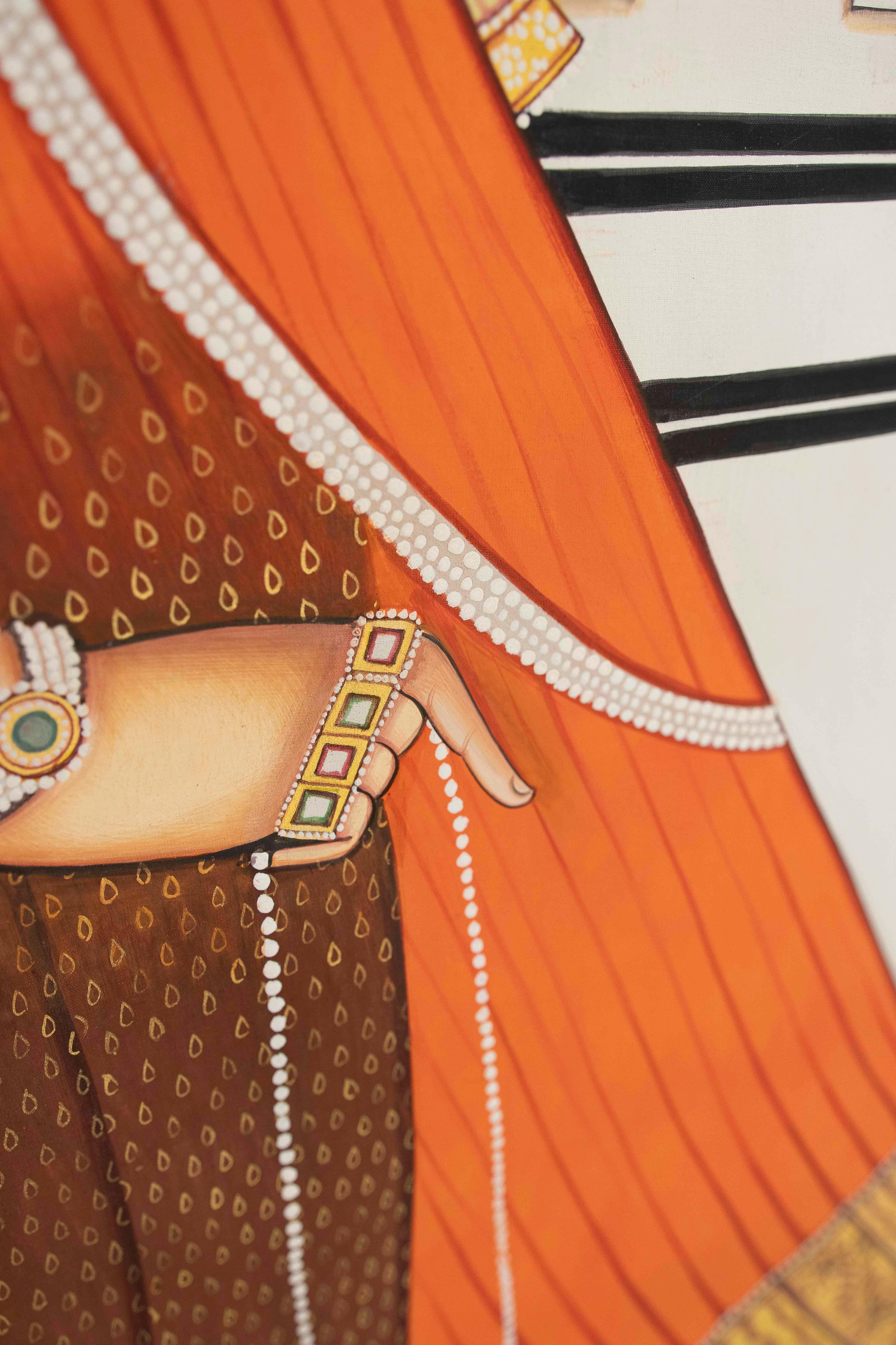 Pintura tradicional india de los años 70 en estilo miniatura rajastaní con un noble en venta 9