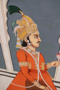 1970s Traditional Indian Painting in Rajasthani Miniature Style with Nobleman