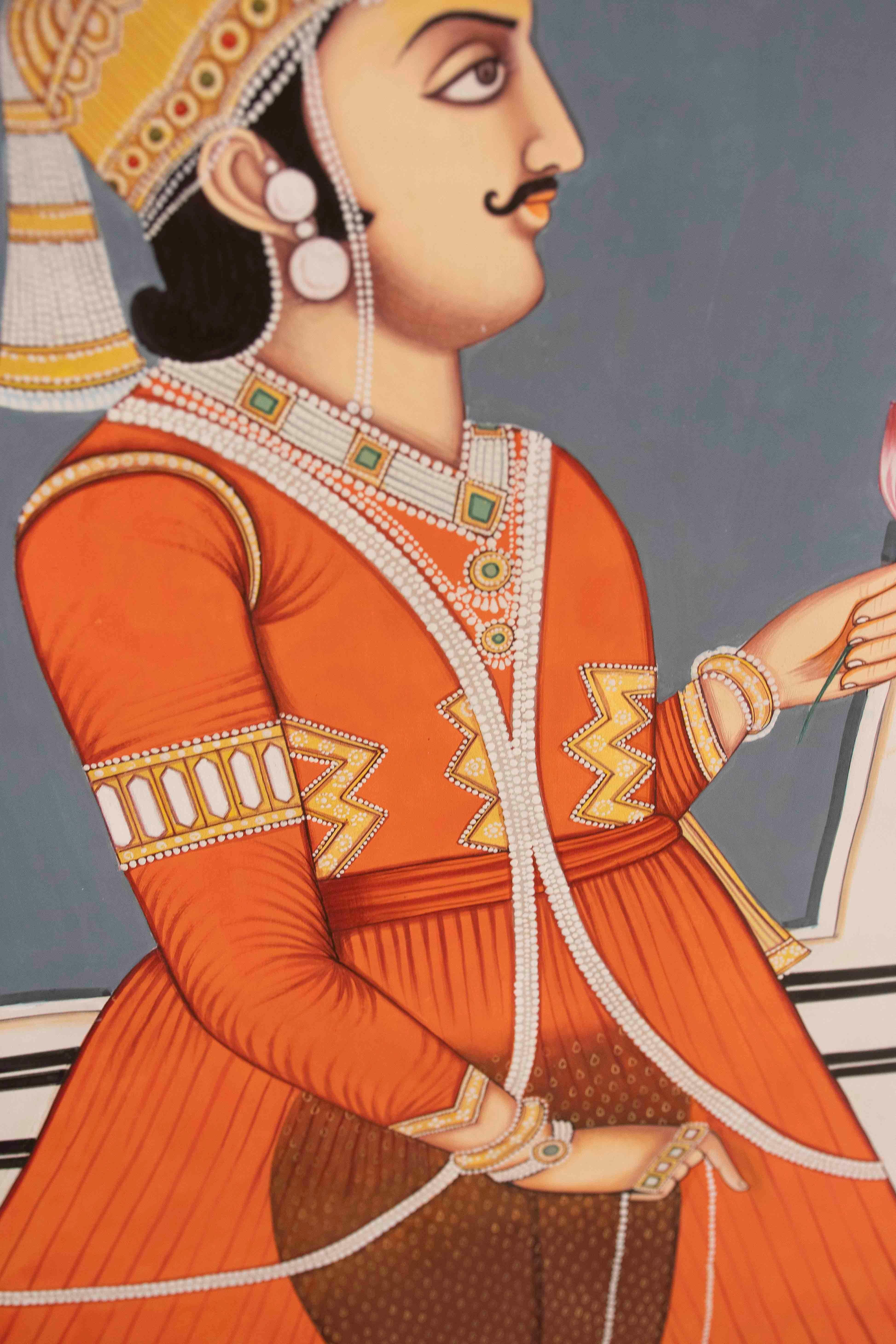 Pintura tradicional india de los años 70 en estilo miniatura rajastaní con un noble en Bueno estado para la venta en Marbella, ES
