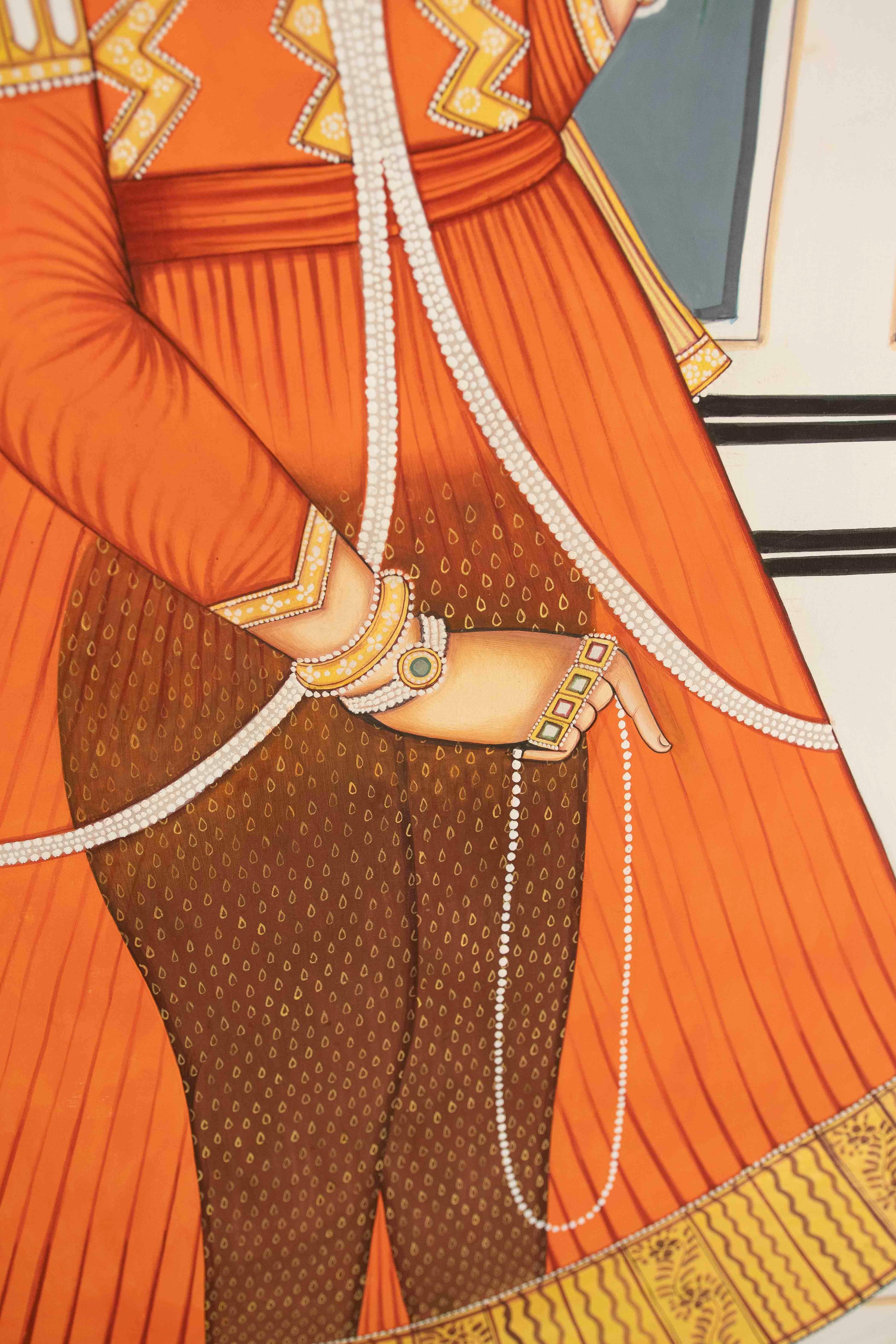 Pintura tradicional india de los años 70 en estilo miniatura rajastaní con un noble siglo XX en venta