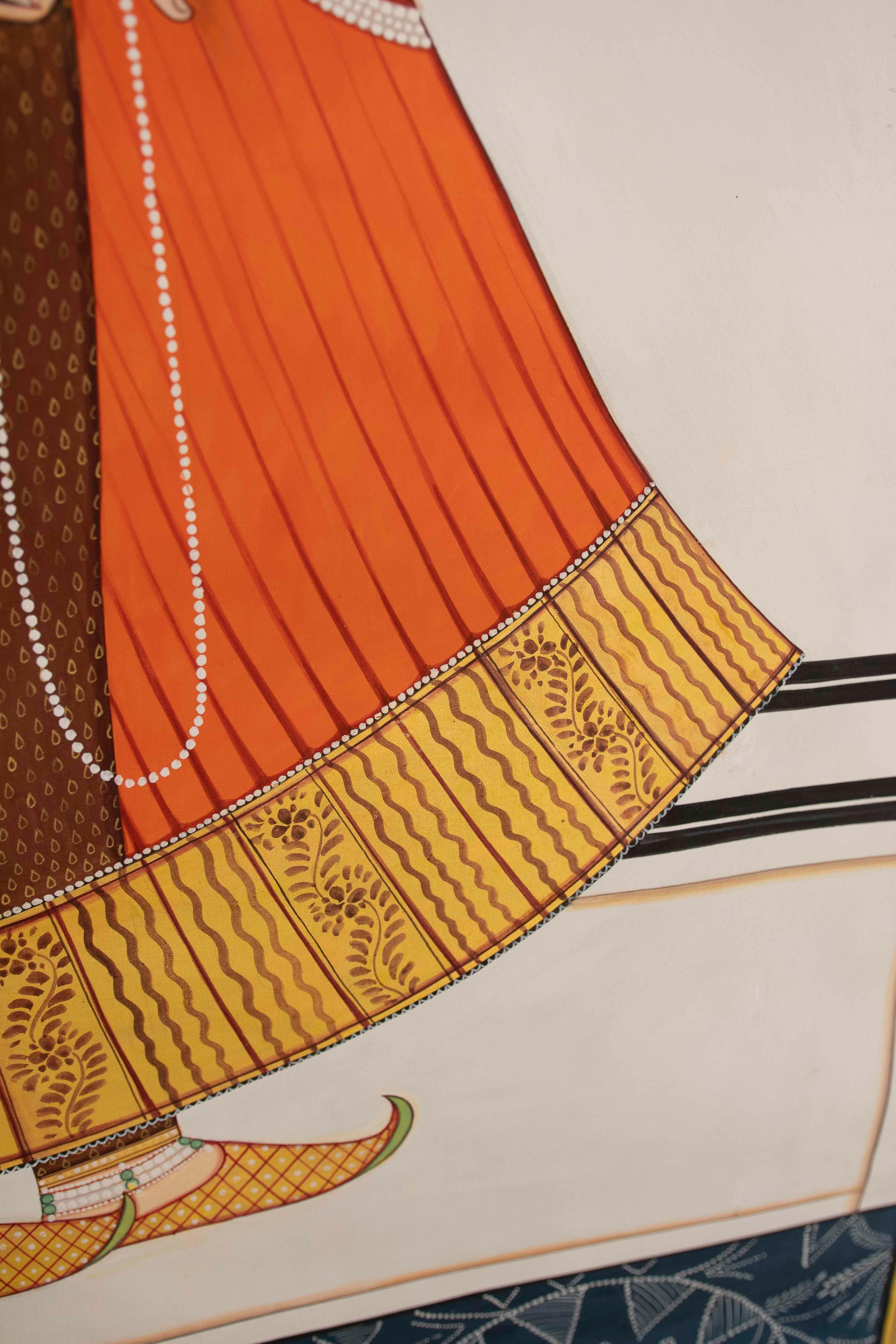 Pintura tradicional india de los años 70 en estilo miniatura rajastaní con un noble en venta 2