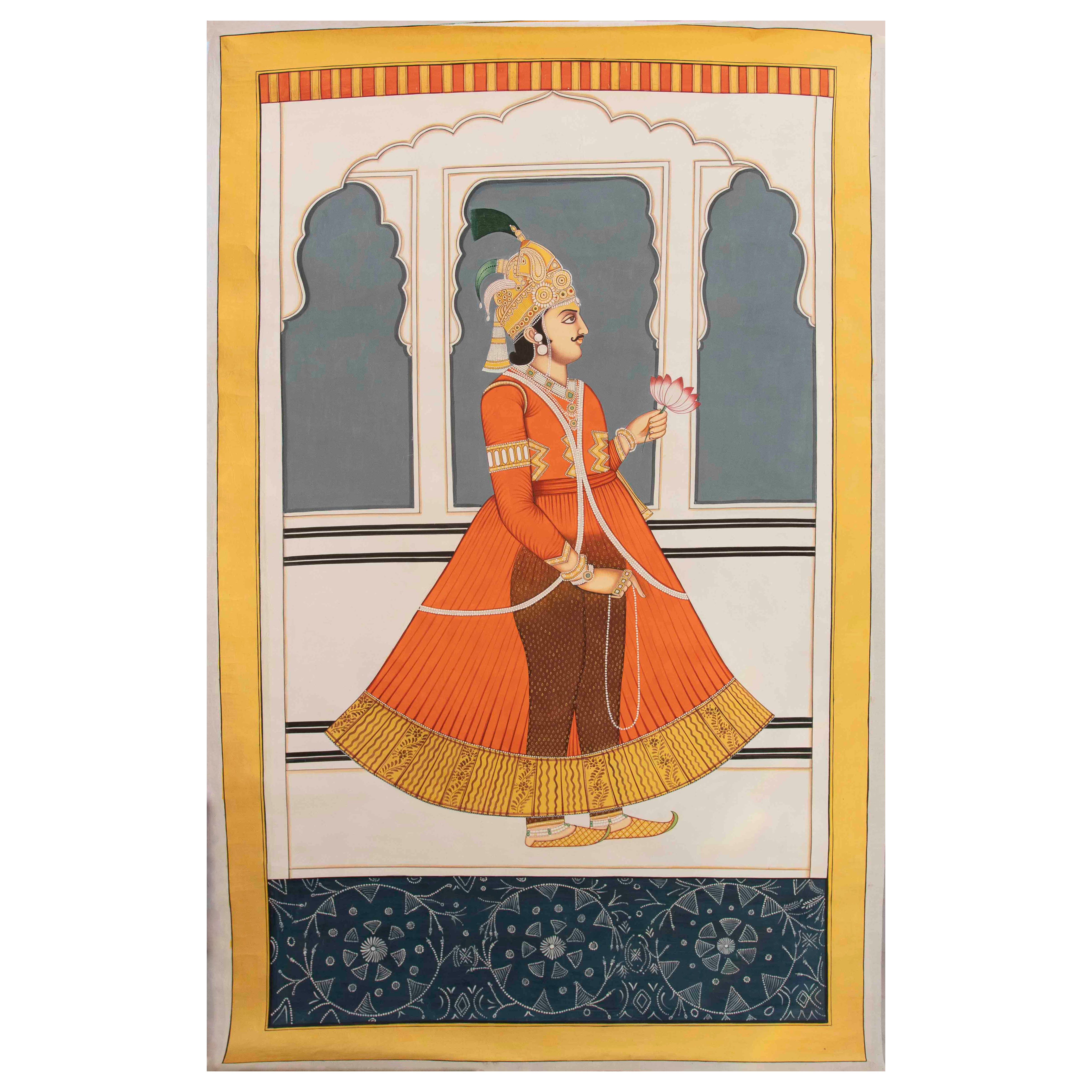Pintura tradicional india de los años 70 en estilo miniatura rajastaní con un noble