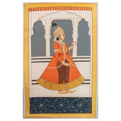 Pintura tradicional india de los años 70 en estilo miniatura rajastaní con un noble