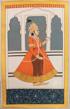 1970s Traditional Indian Painting in Rajasthani Miniature Style with Nobleman