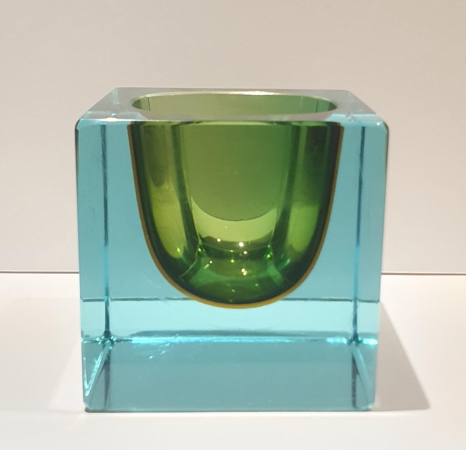 1970s Translucent Turquoise, Green and Amber Sommerso Murano Glass Cube Bowl For Sale 3