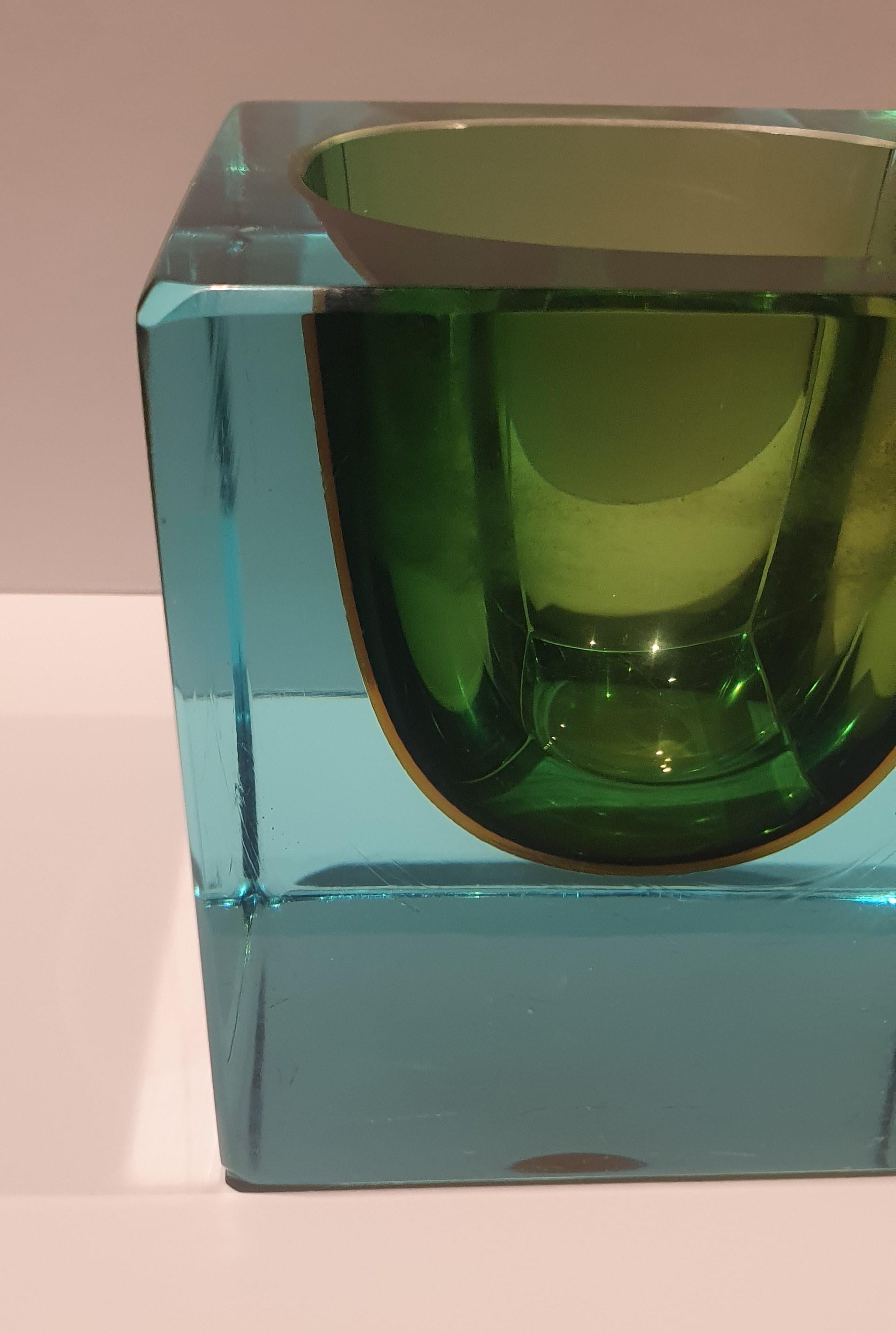 1970s Translucent Turquoise, Green and Amber Sommerso Murano Glass Cube Bowl For Sale 4