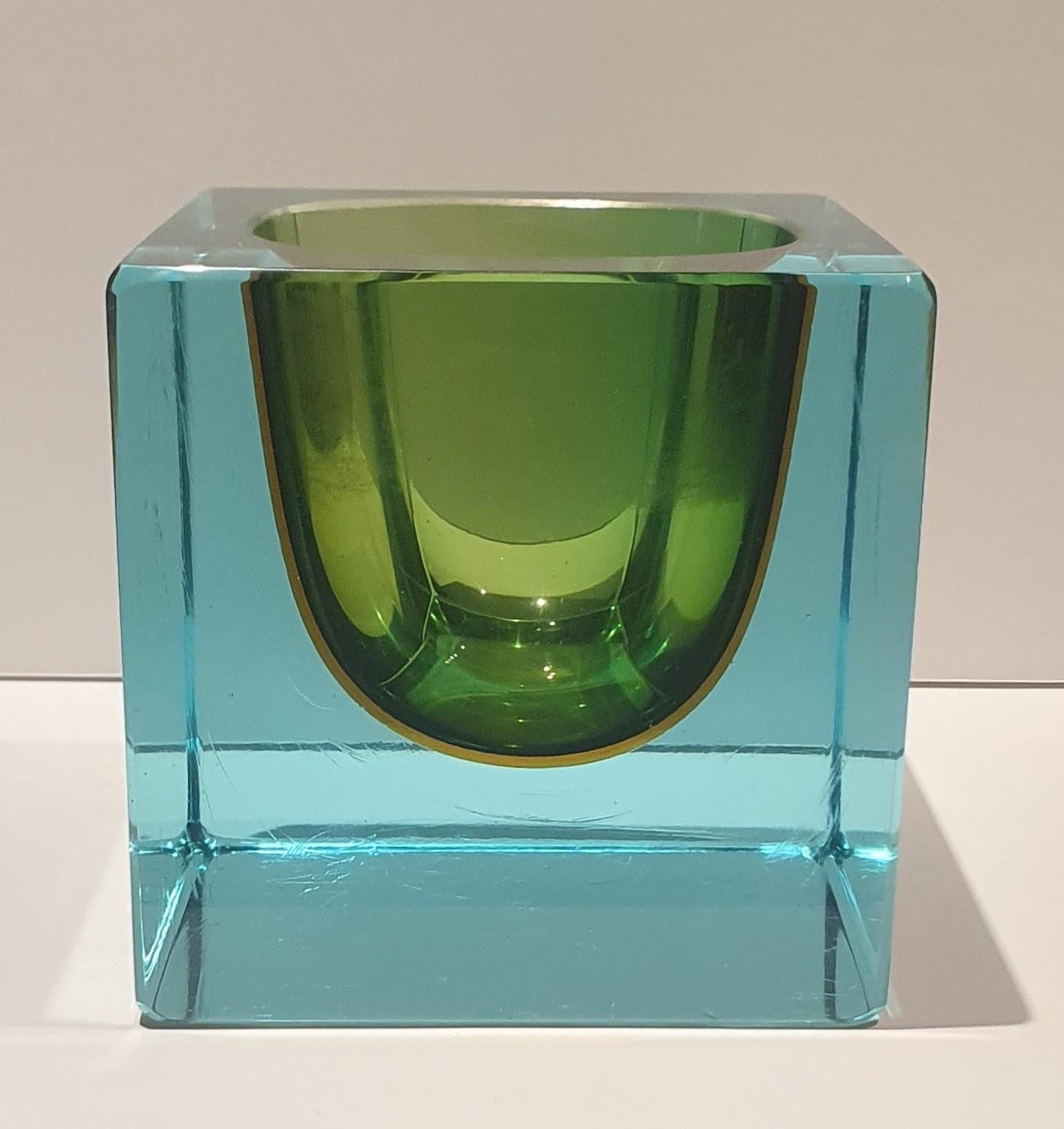 1970s Translucent Turquoise, Green and Amber Sommerso Murano Glass Cube Bowl For Sale 5