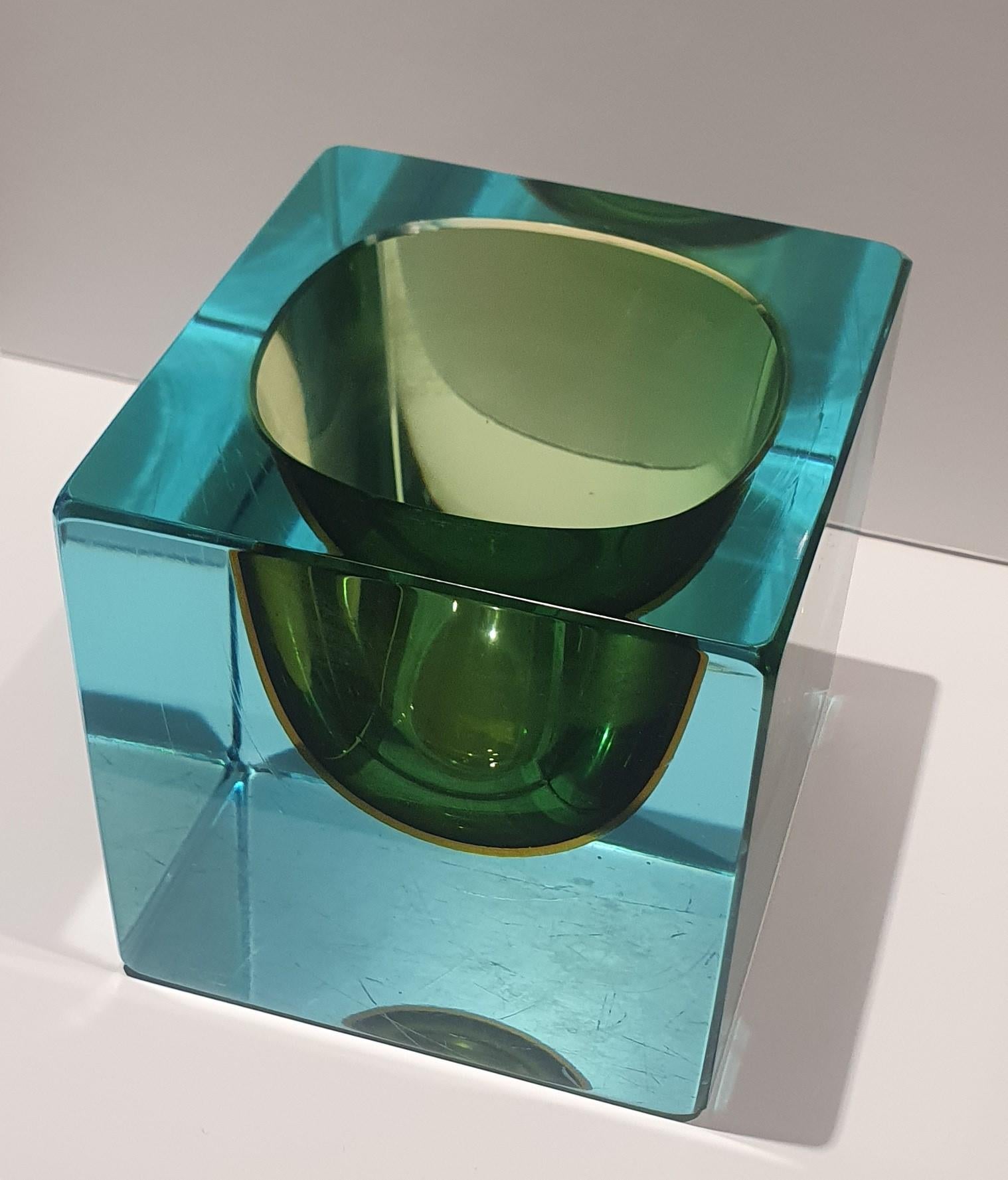 1970s Translucent Turquoise, Green and Amber Sommerso Murano Glass Cube Bowl For Sale 6