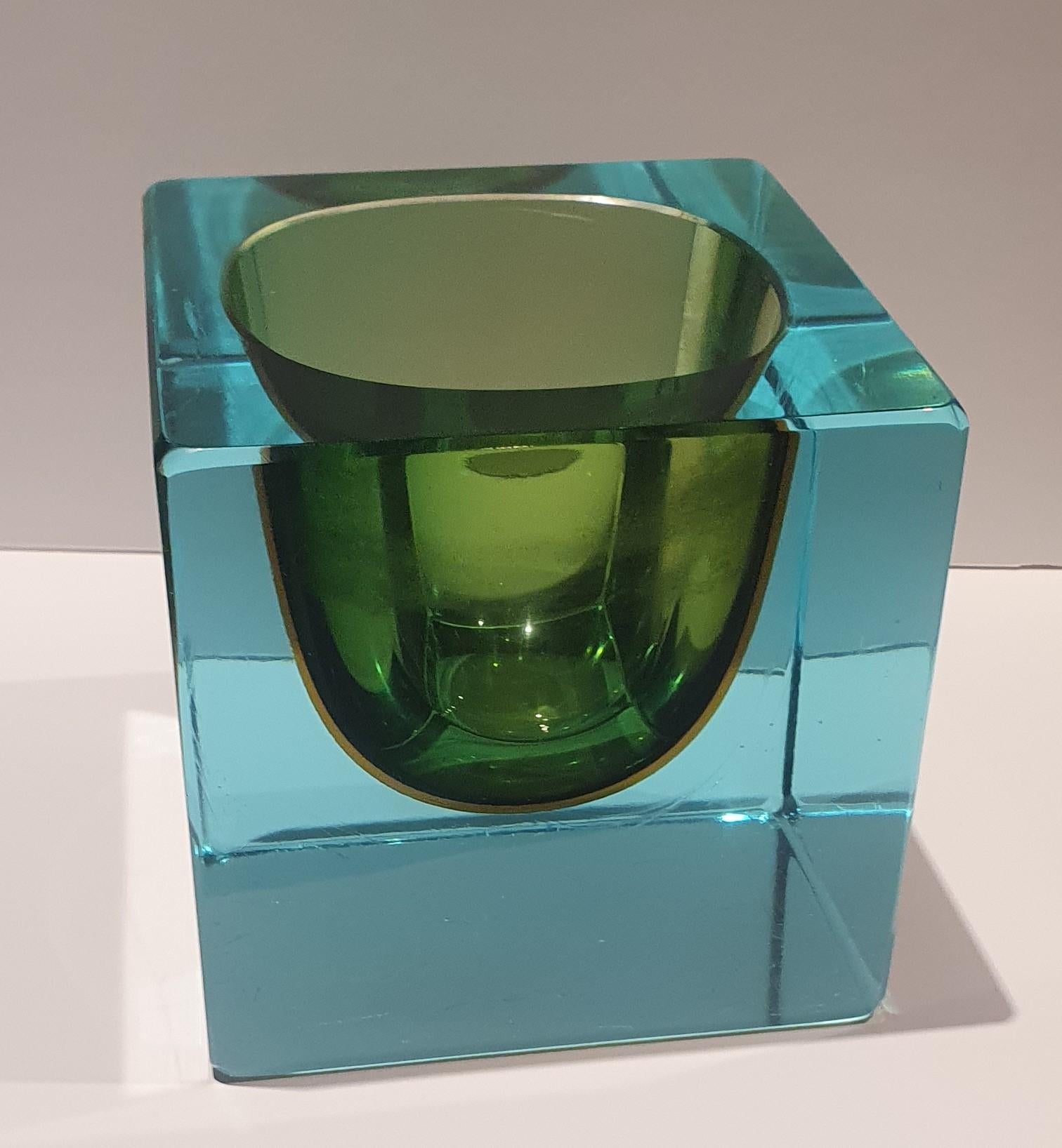 Mid-Century Modern 1970s Translucent Turquoise, Green and Amber Sommerso Murano Glass Cube Bowl For Sale