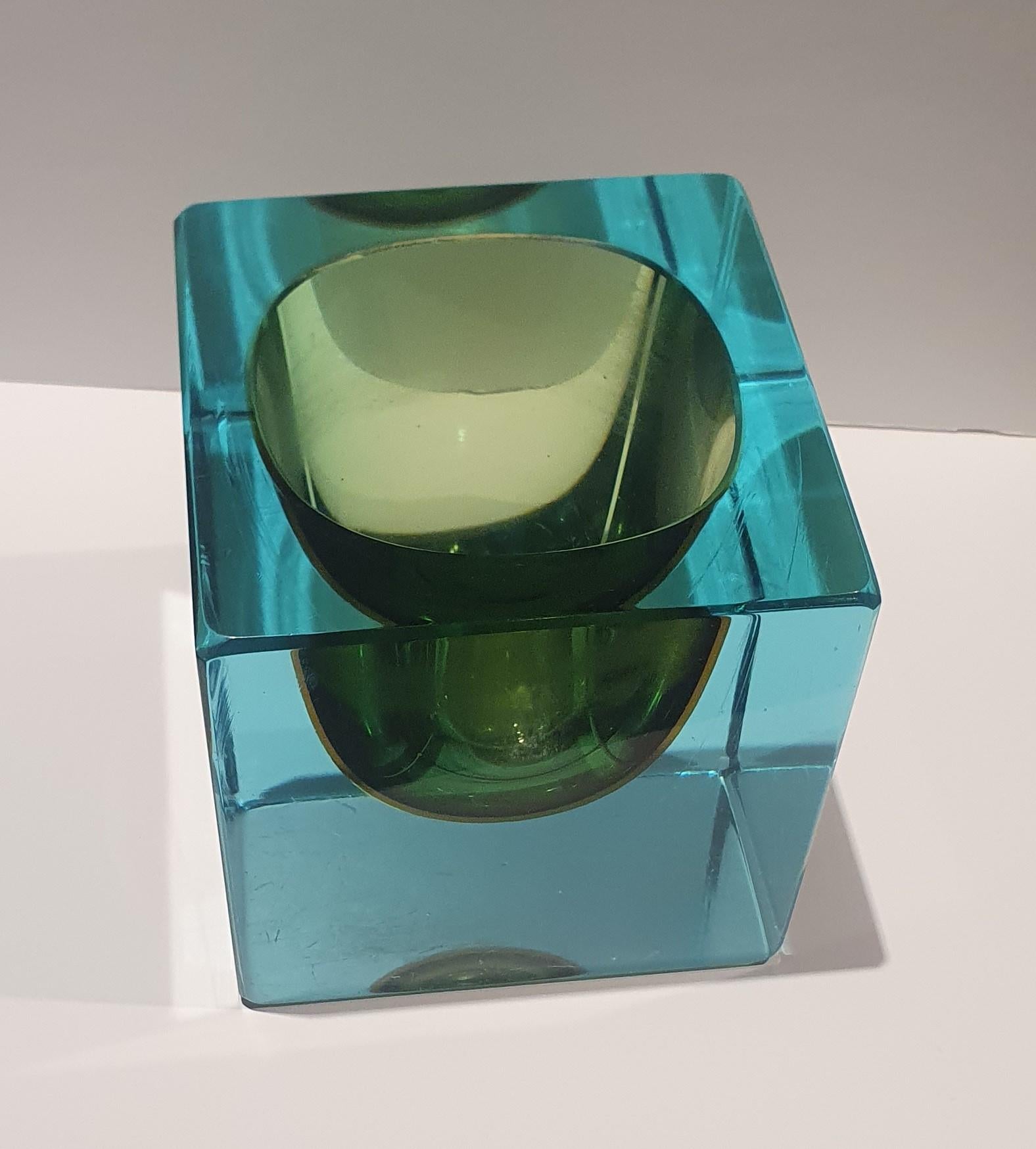 Italian 1970s Translucent Turquoise, Green and Amber Sommerso Murano Glass Cube Bowl For Sale