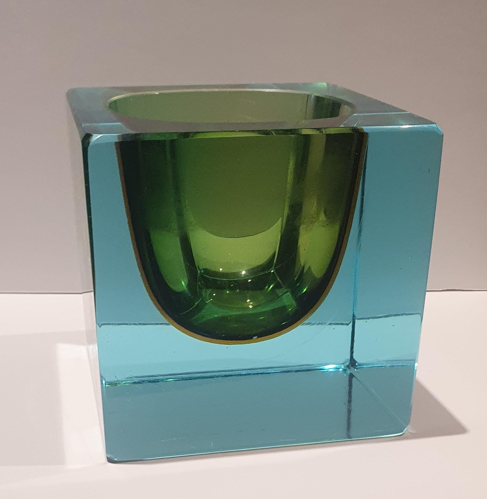 Fired 1970s Translucent Turquoise, Green and Amber Sommerso Murano Glass Cube Bowl For Sale
