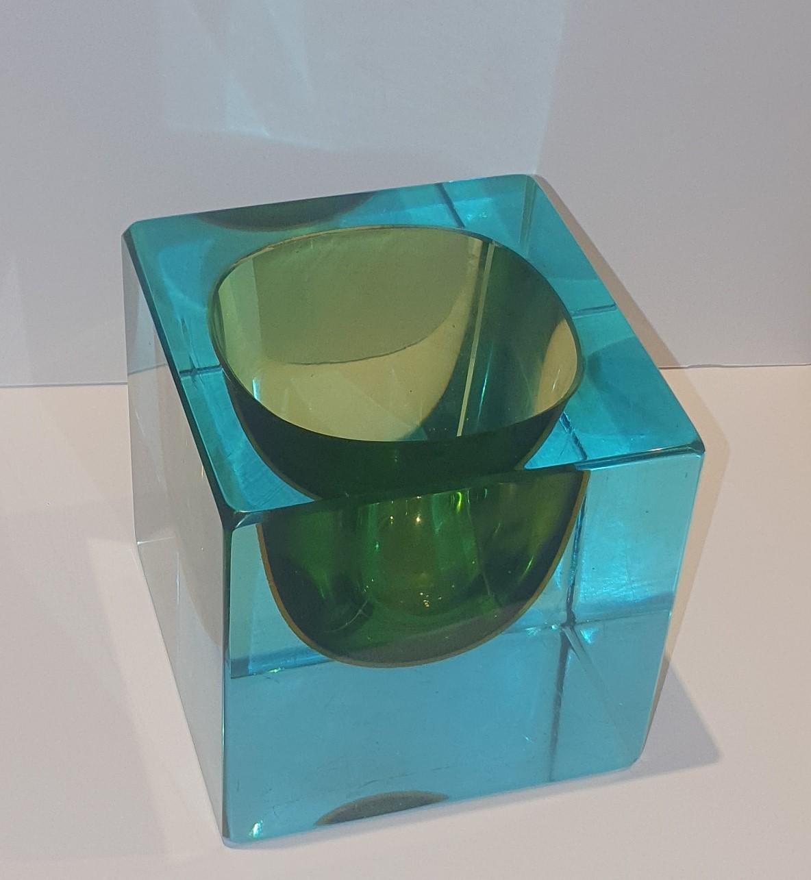 Late 20th Century 1970s Translucent Turquoise, Green and Amber Sommerso Murano Glass Cube Bowl For Sale