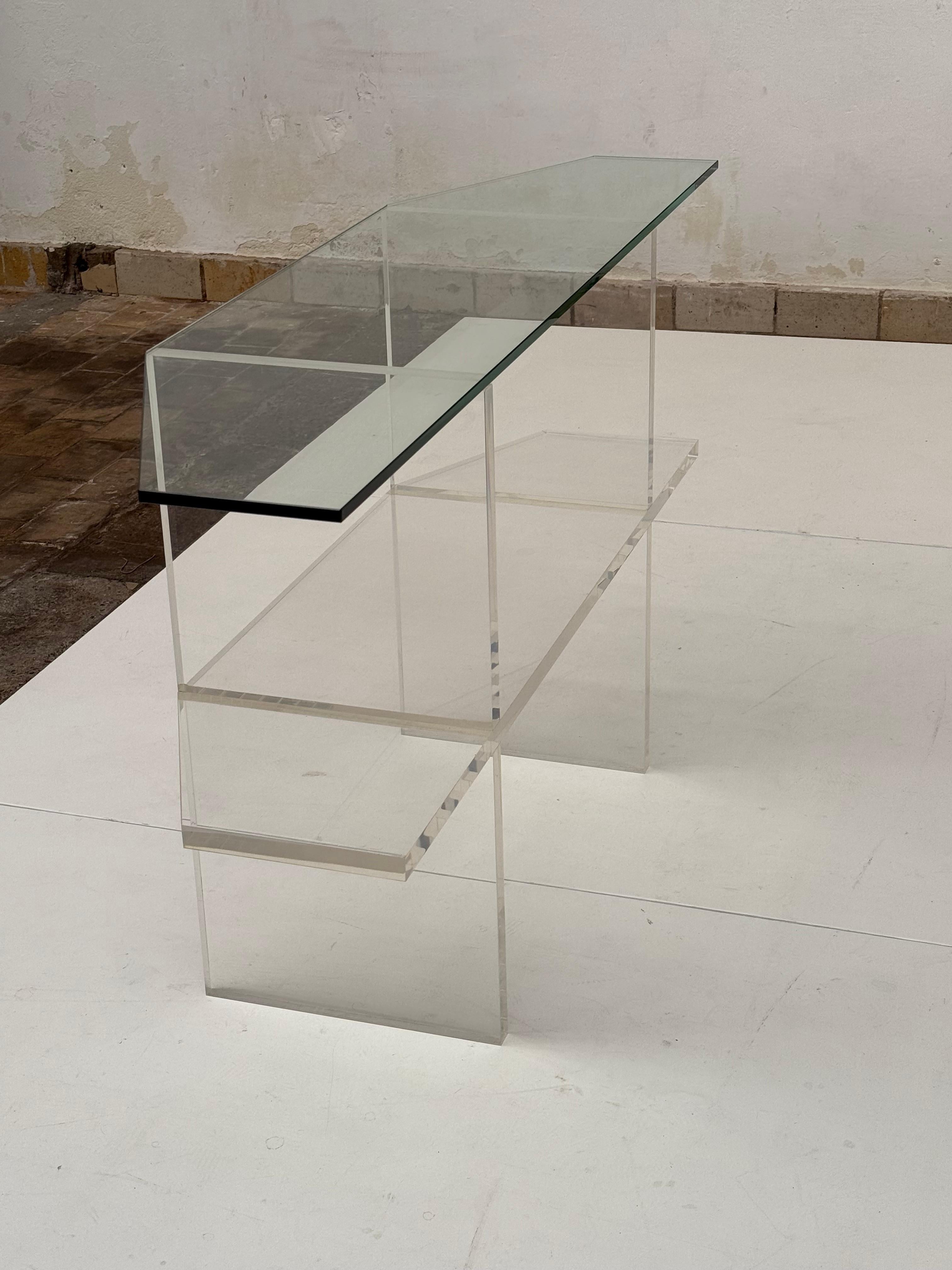 1970's Trapezoid Lucite & Glass Console Table In The Manner of Pierre Vandel For Sale 4