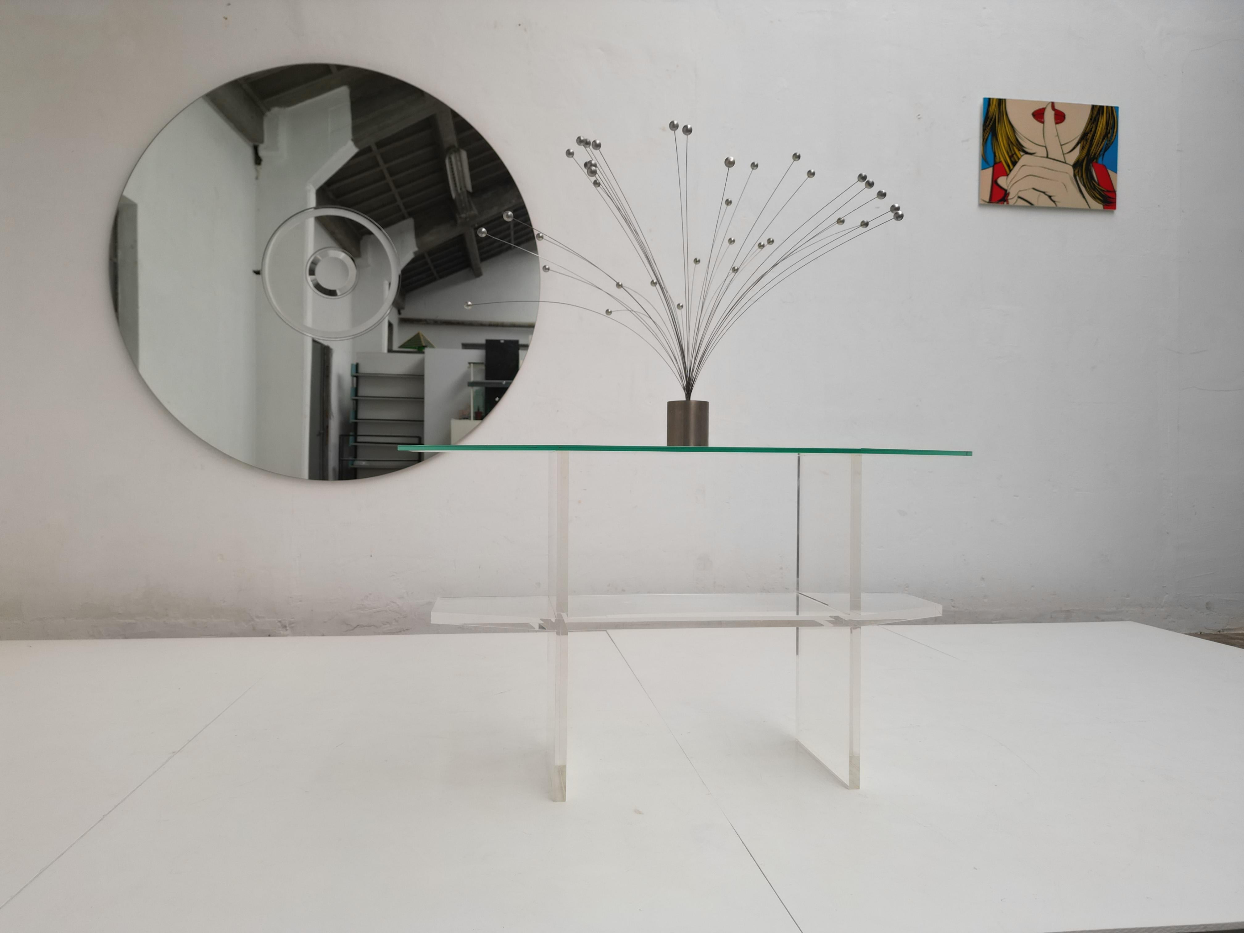 Minimalist 1970's Trapezoid Lucite & Glass Console Table In The Manner of Pierre Vandel For Sale