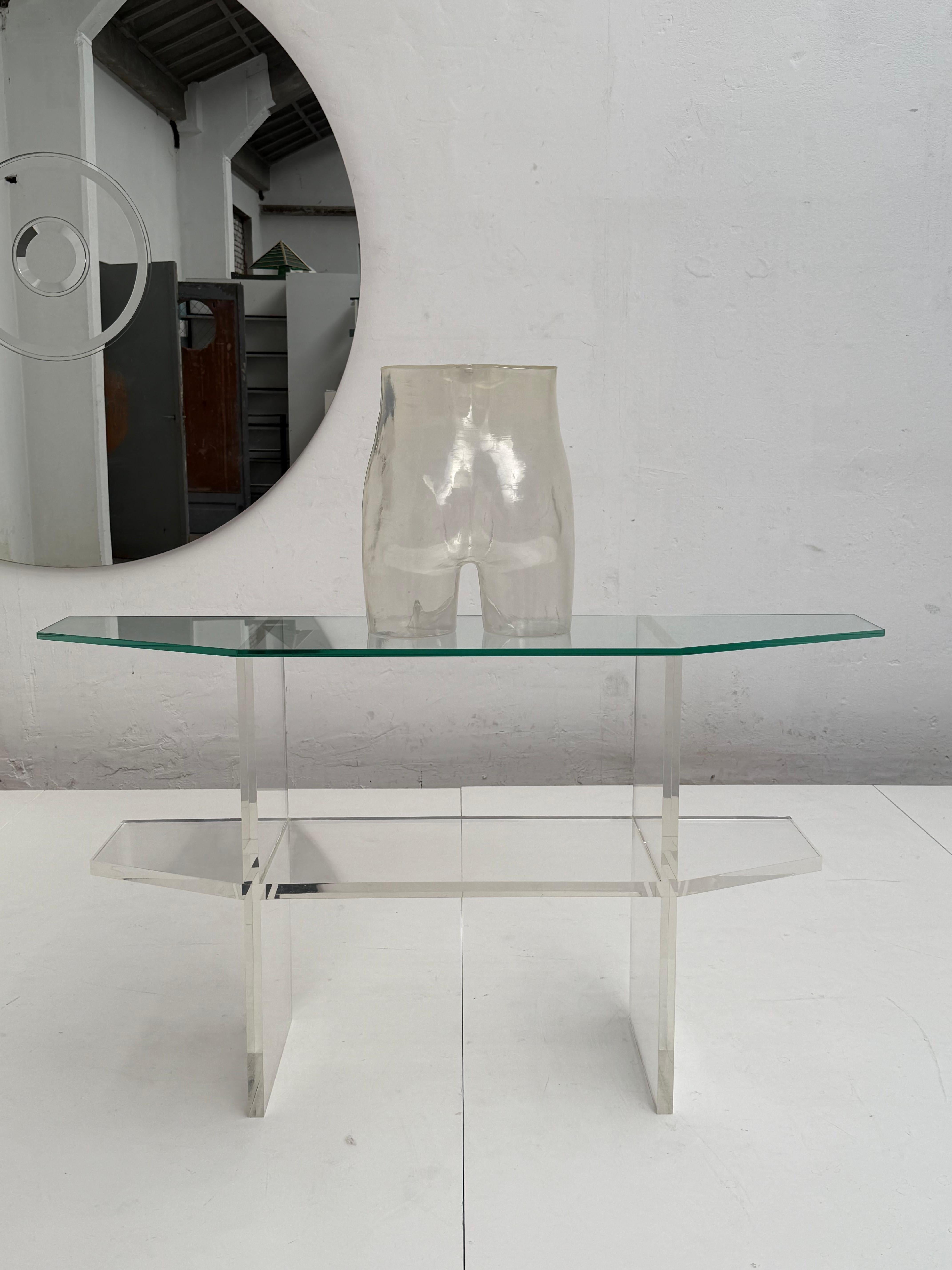Tempered 1970's Trapezoid Lucite & Glass Console Table In The Manner of Pierre Vandel For Sale