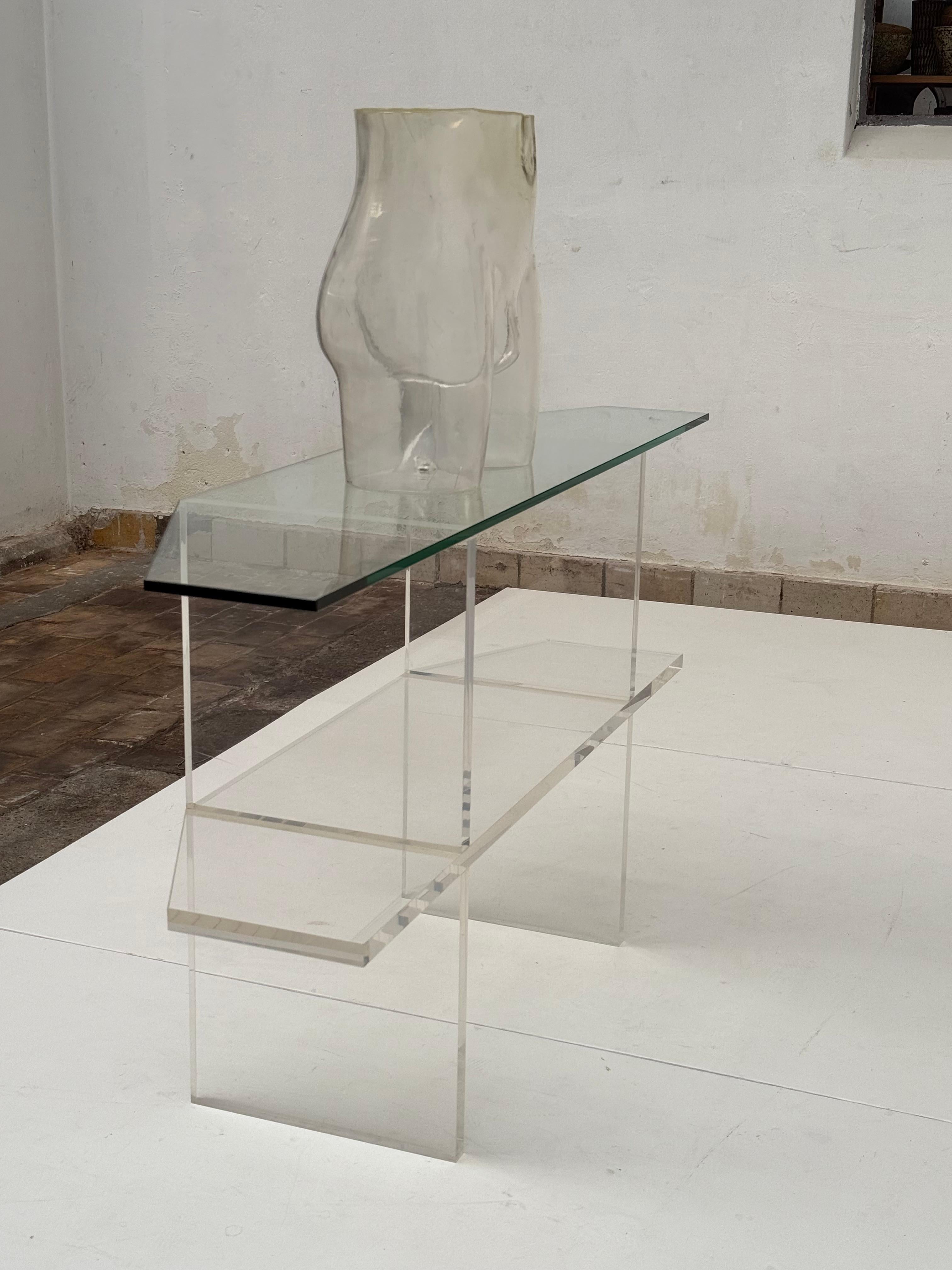 Late 20th Century 1970's Trapezoid Lucite & Glass Console Table In The Manner of Pierre Vandel For Sale