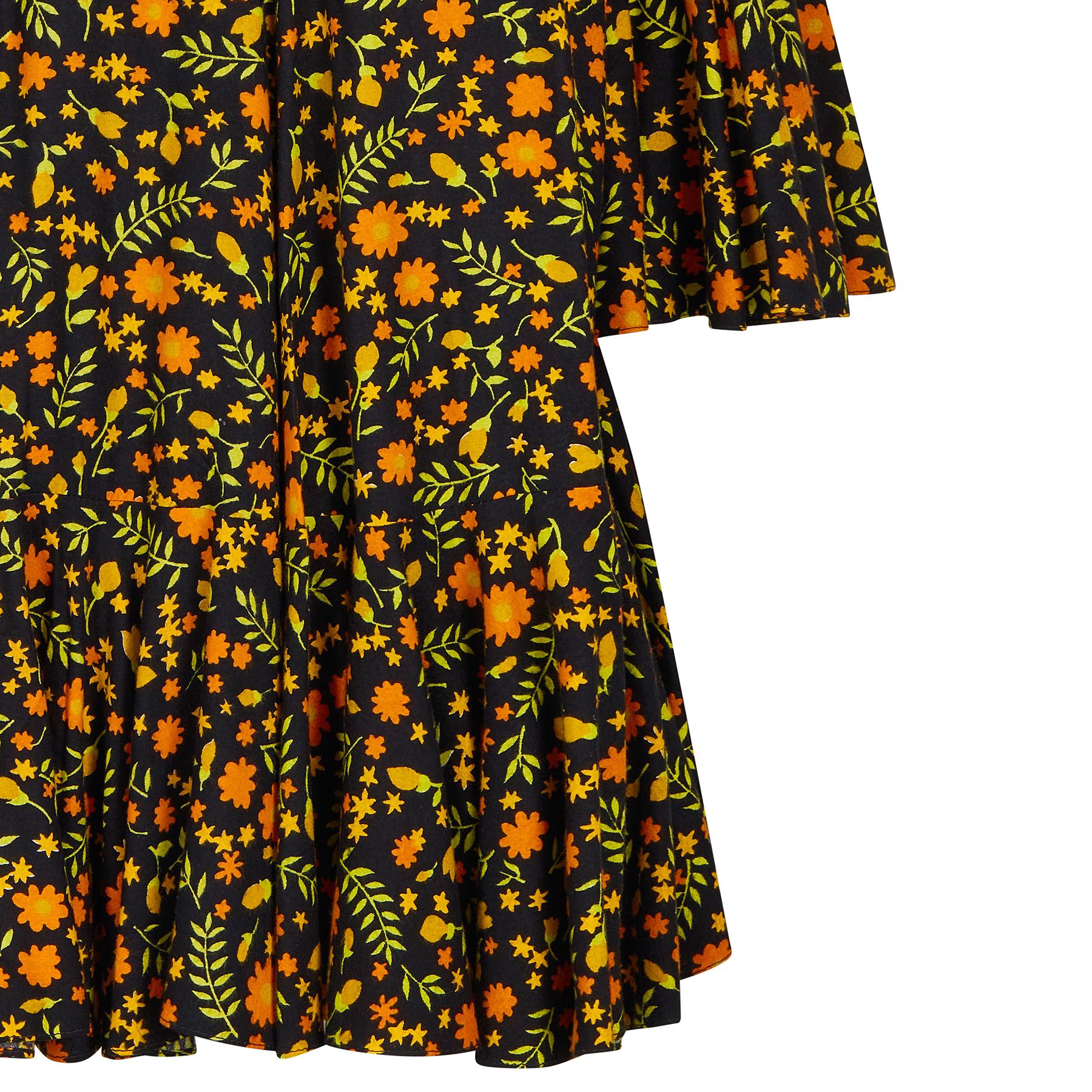 Black 1970s Travers Tempos Flock-Cotton Floral Oversized Blouse For Sale