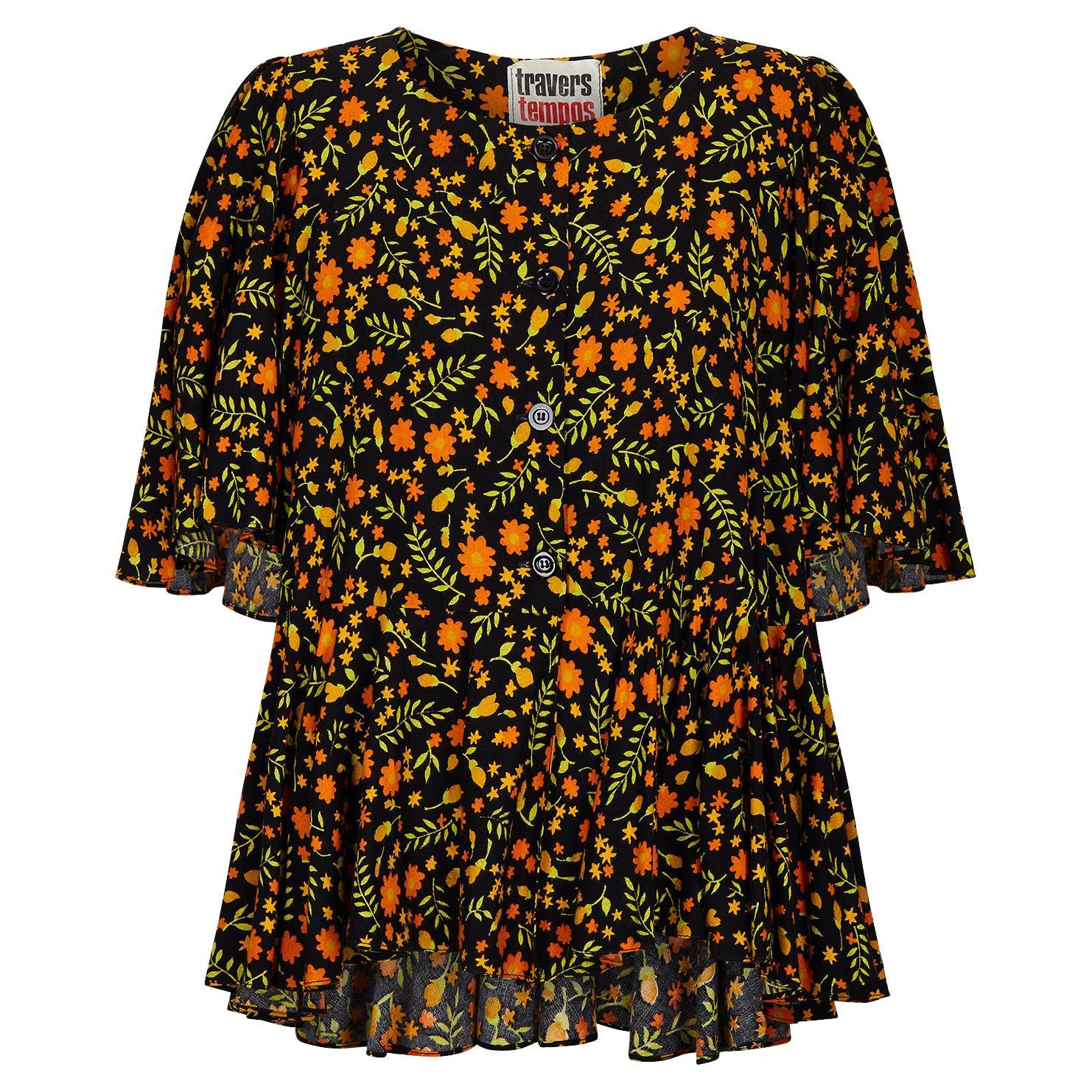 1970s Travers Tempos Flock-Cotton Floral Oversized Blouse For Sale