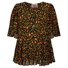 1970s Travers Tempos Flock-Cotton Floral Oversized Blouse