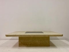 1970s Travertine and Brass Coffee Table