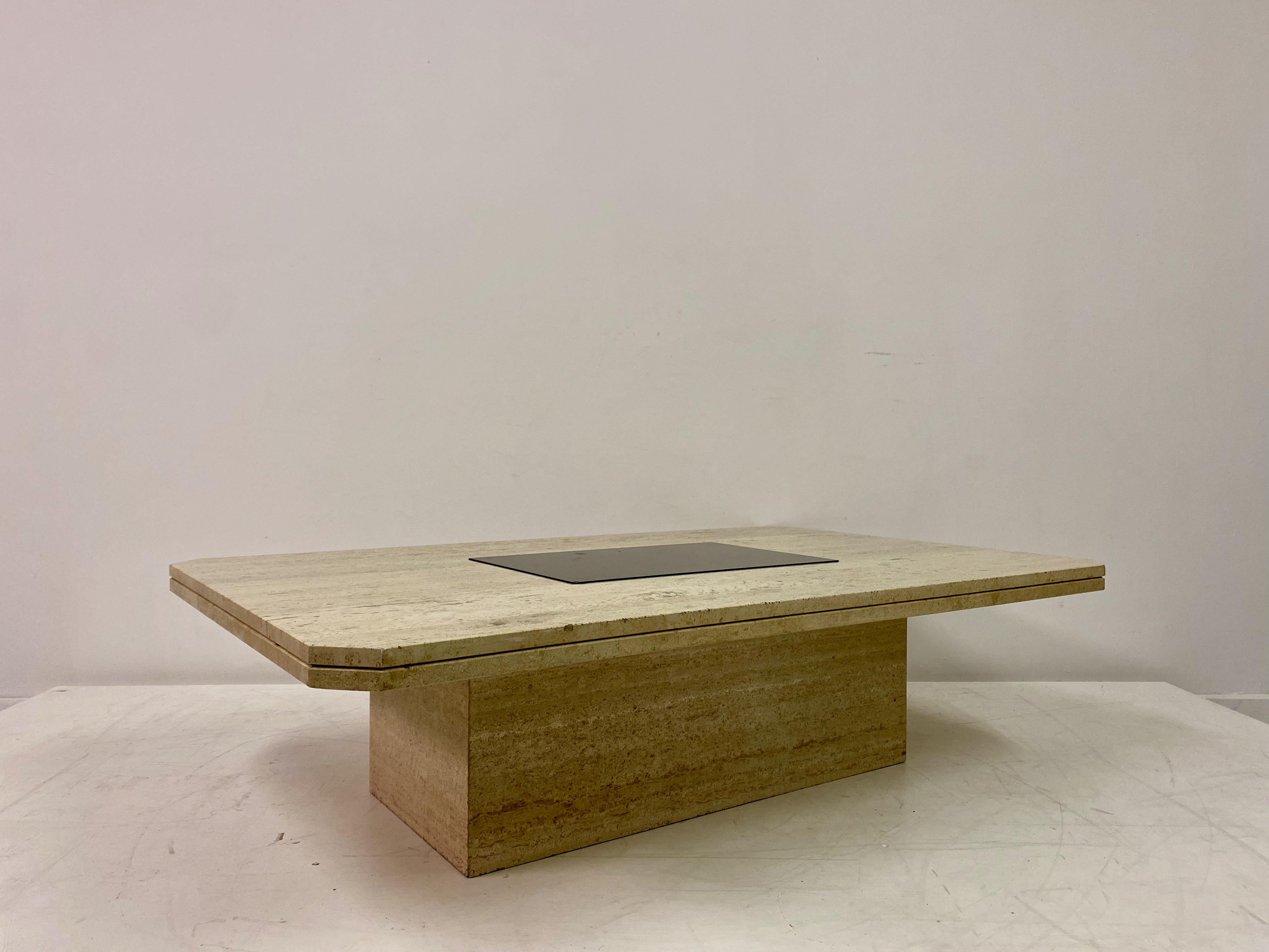 1970s Travertine and Brass Coffee Table In Good Condition For Sale In London, London