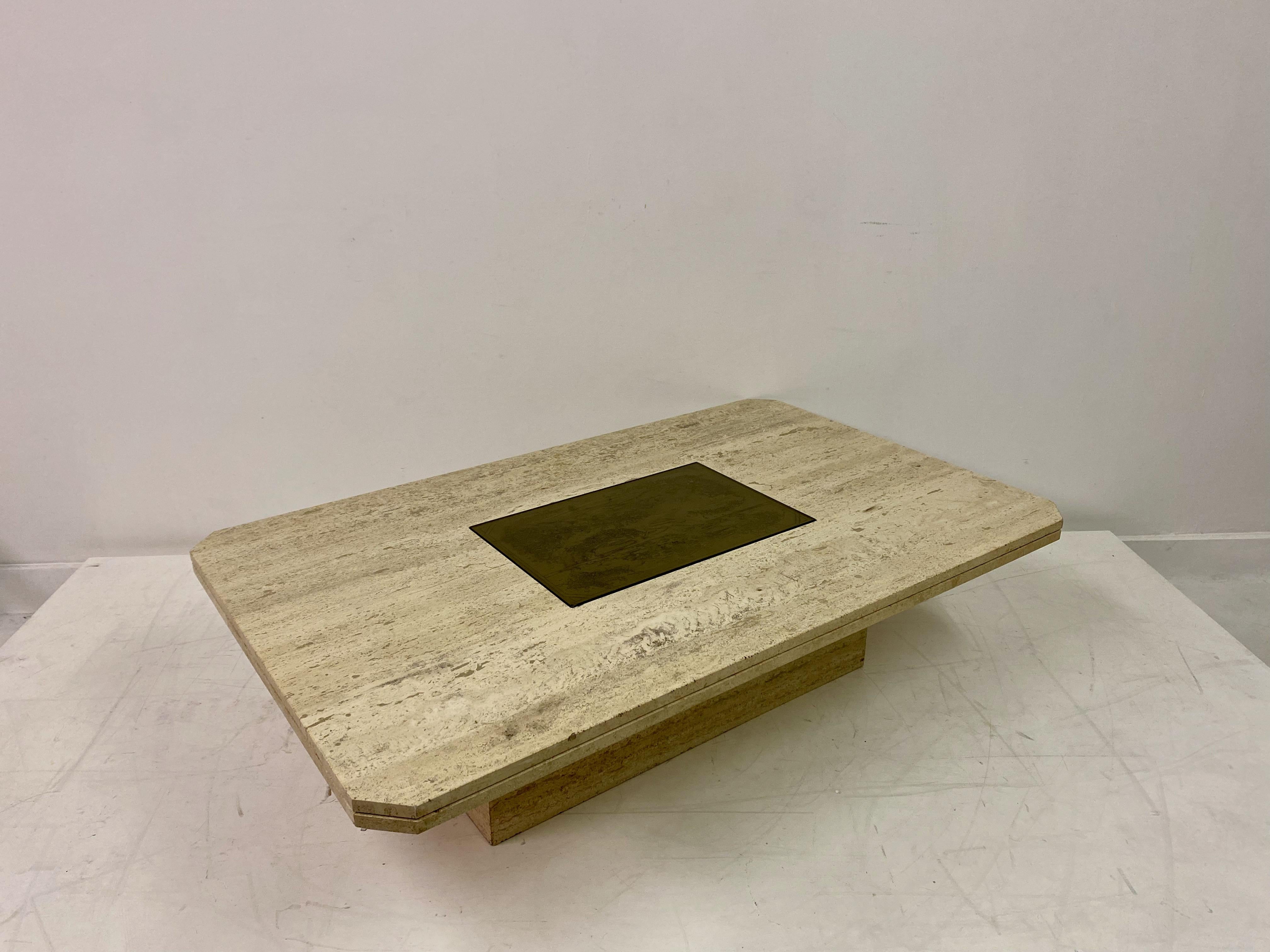 20th Century 1970s Travertine and Brass Coffee Table For Sale
