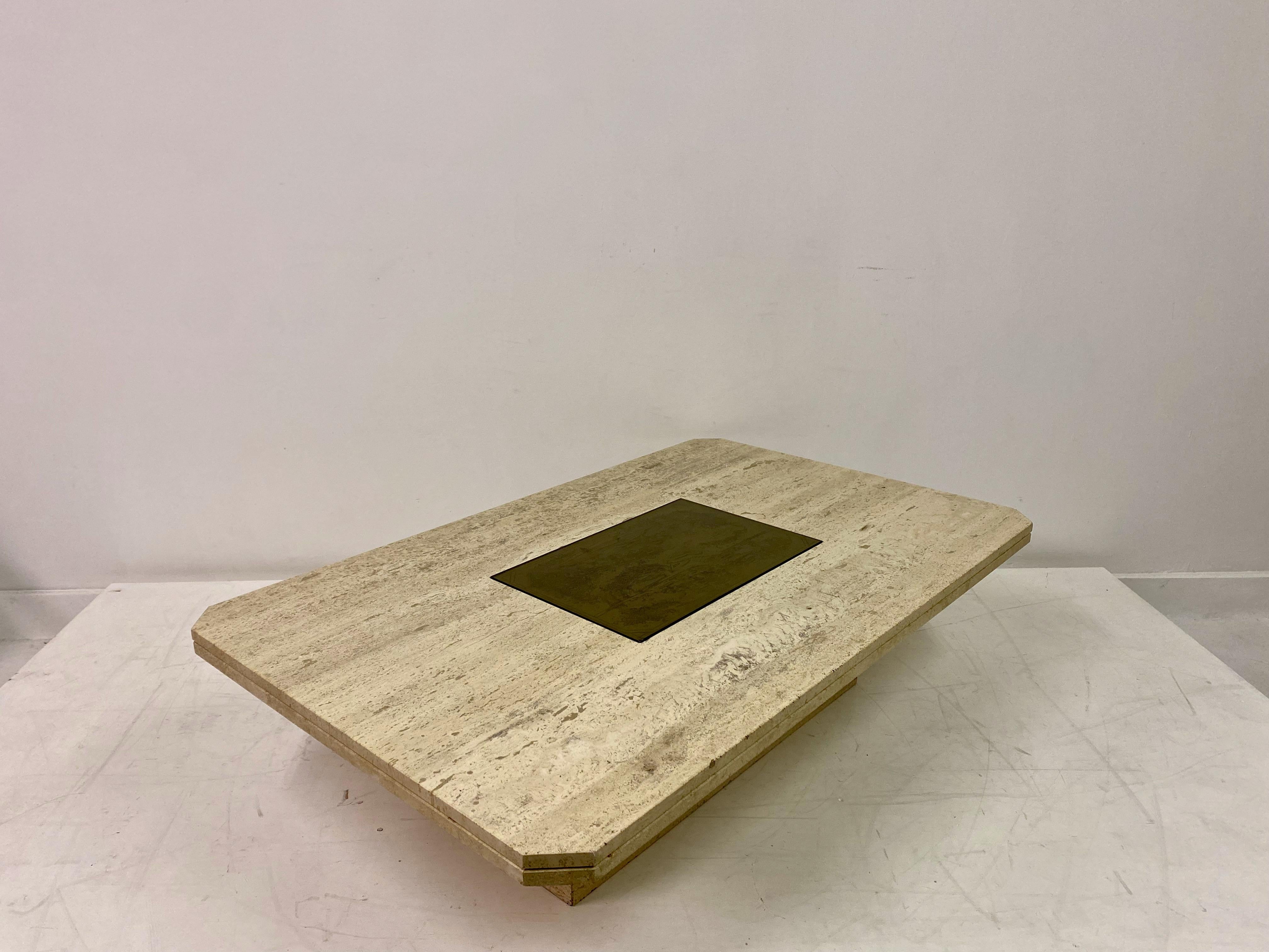 1970s Travertine and Brass Coffee Table For Sale 1